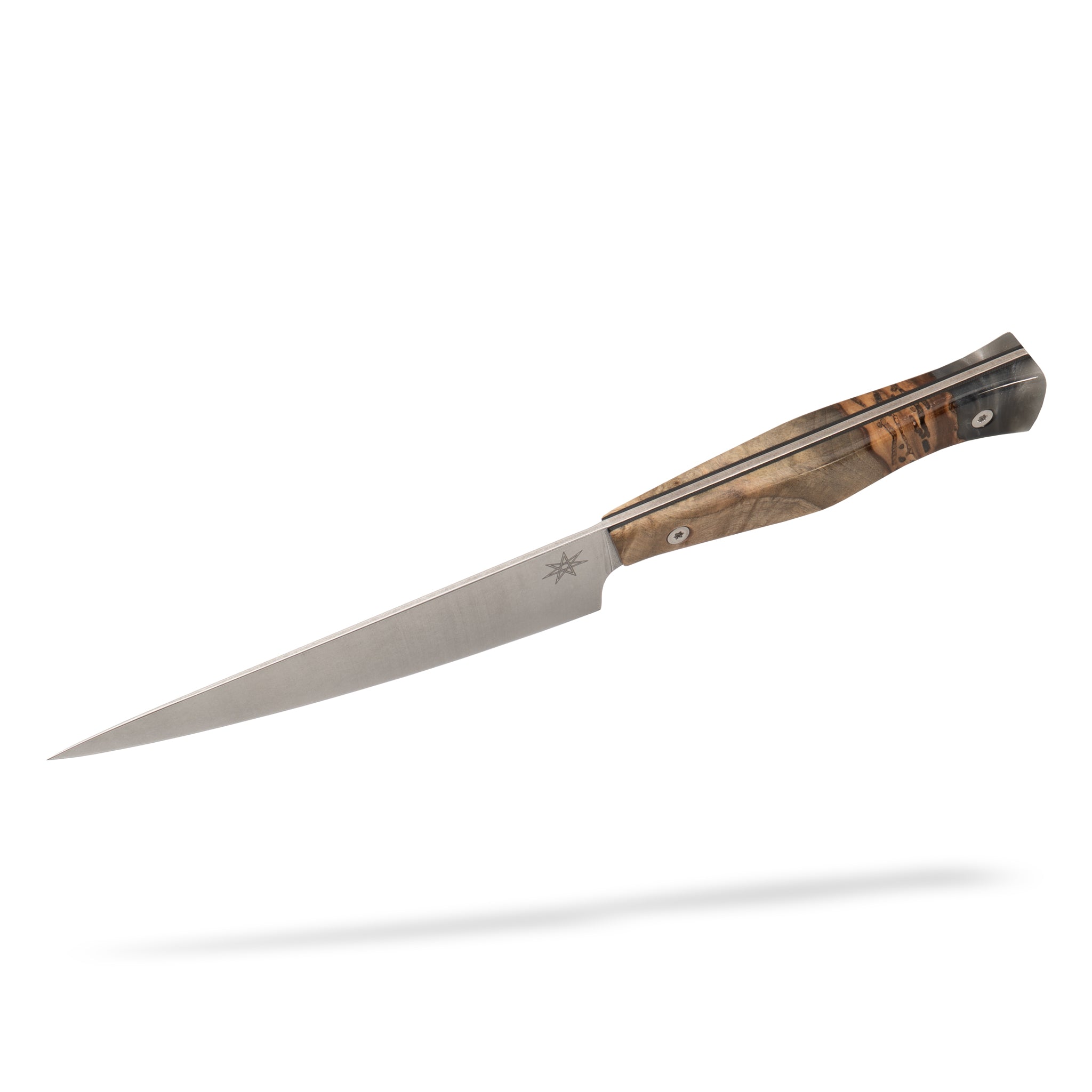 Detail photo of a kitchen utility knife with a wood and resin handle on a white background