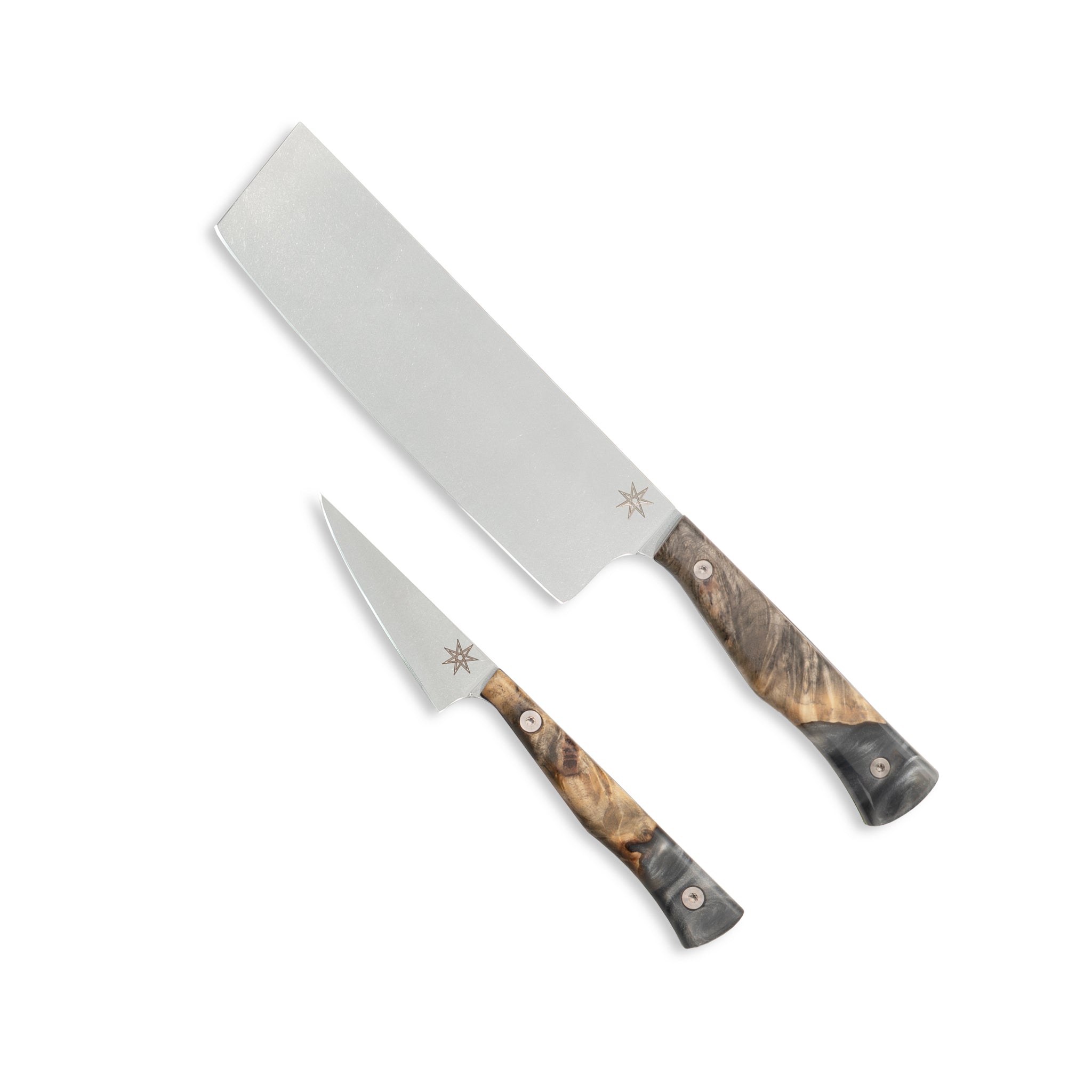 Knife set with two kitchen knives with wood and resins handles on a white background