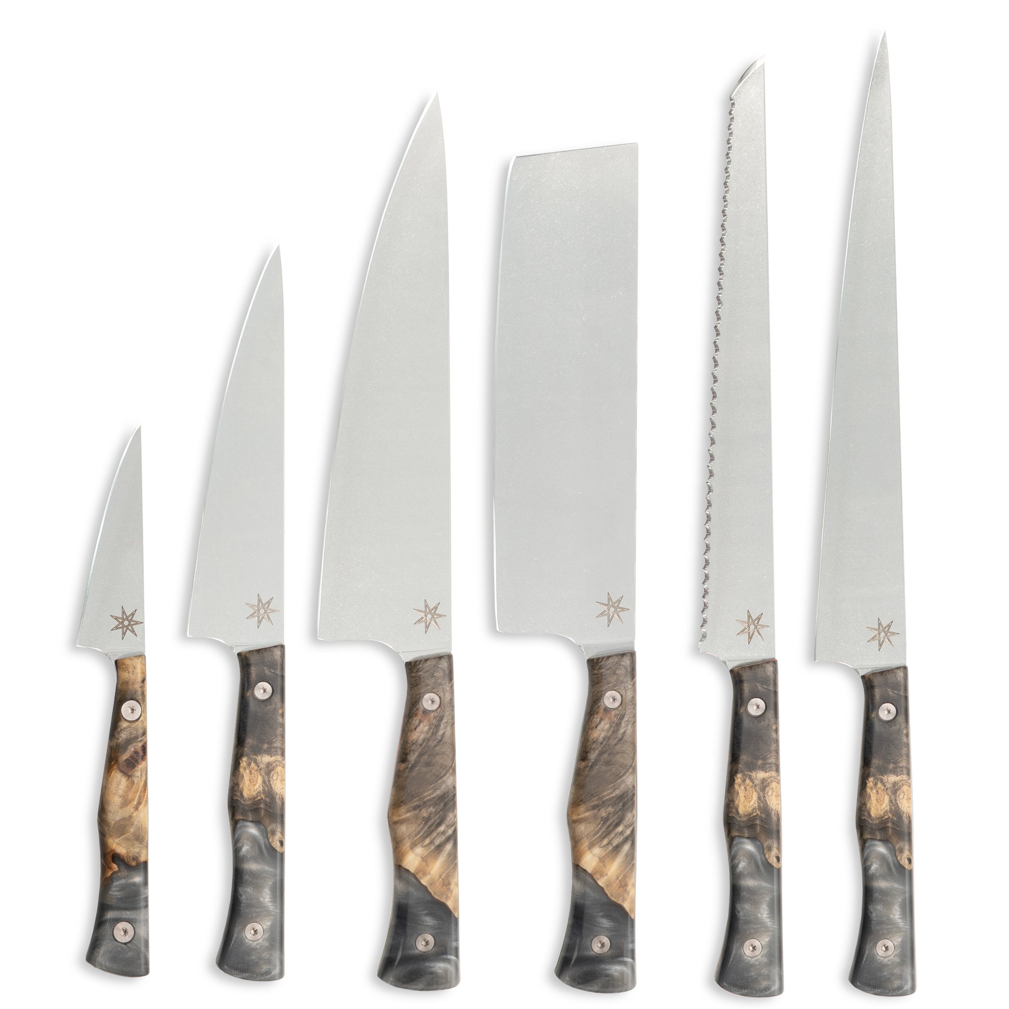 Knife set with six kitchen knives with wood and resins handles on a white background