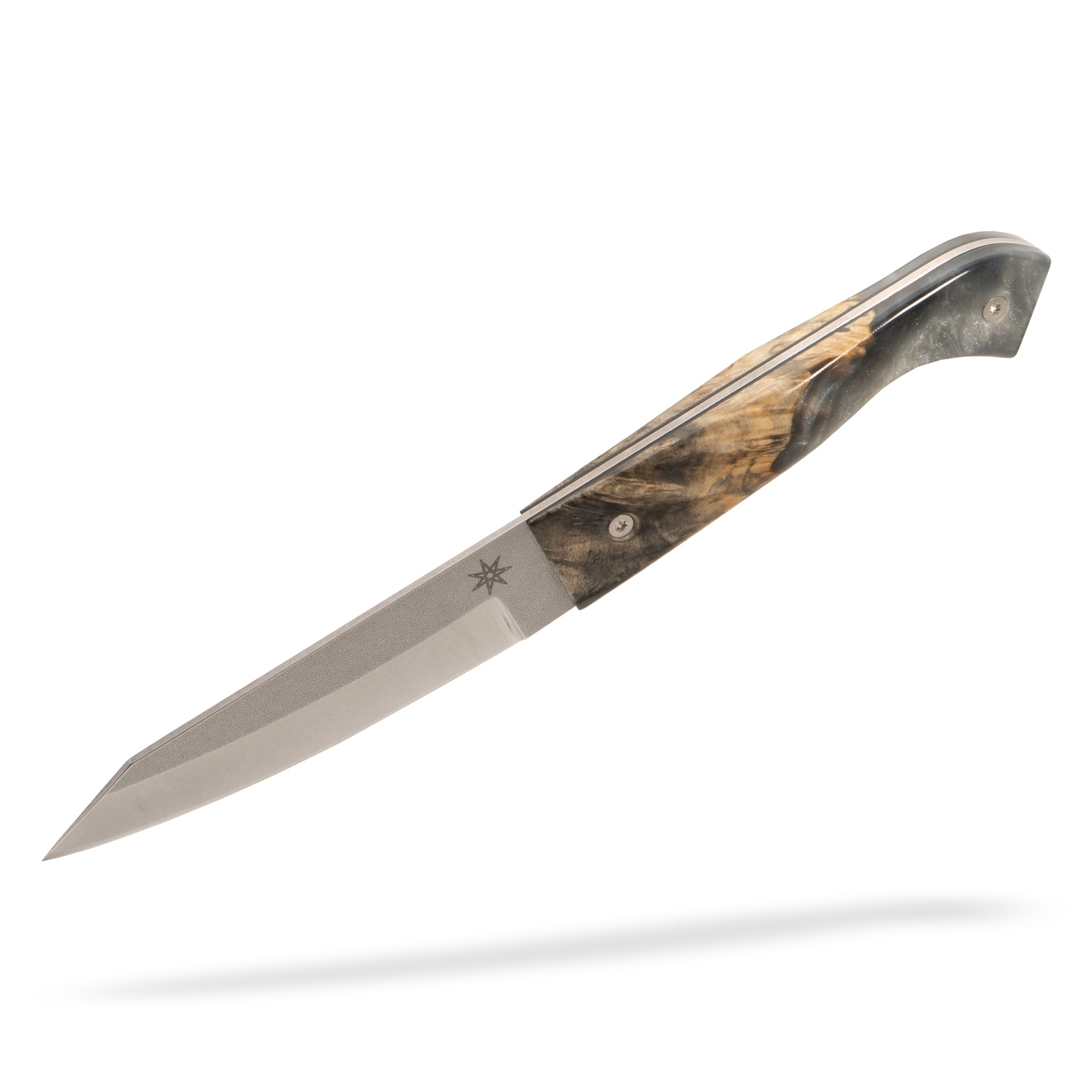 Detail photo of a hankotsu boning knife with a wood and resin handle on a white background