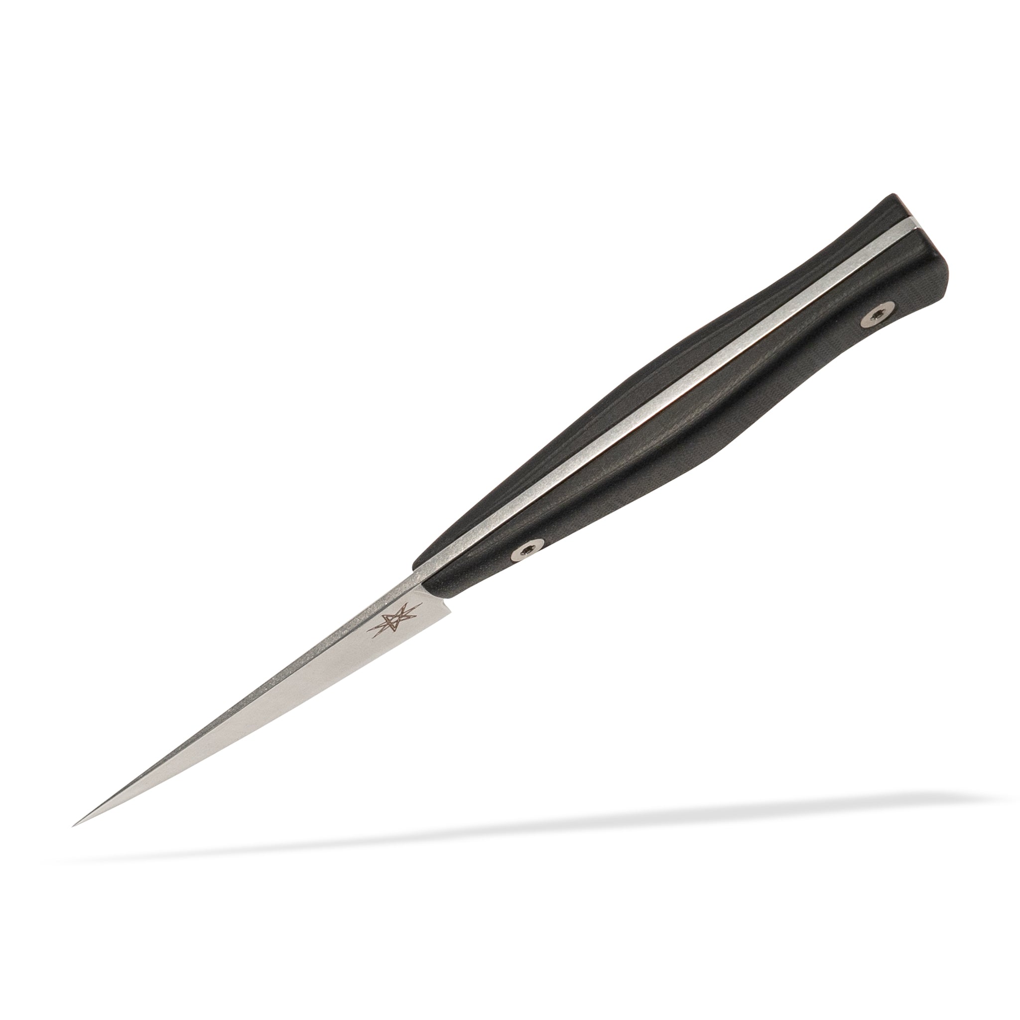 Detail view of Town Cutler Culinary 2.0 kitchen paring knife with black g-10 handle and stainless steel blade.