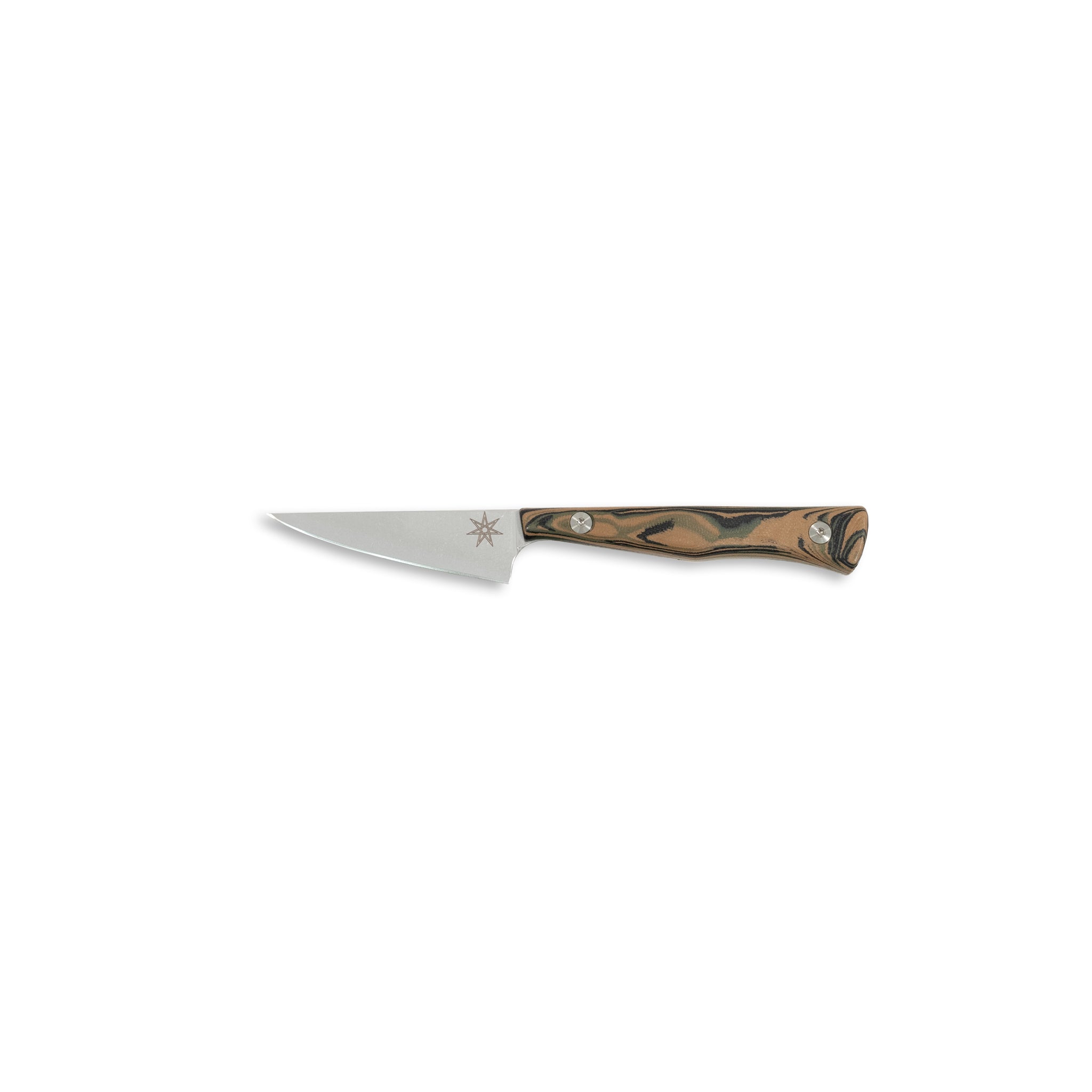 Town Cutler 3" paring knife with stainless steel blade and G-10 burl wood handle in black, green, and tan.