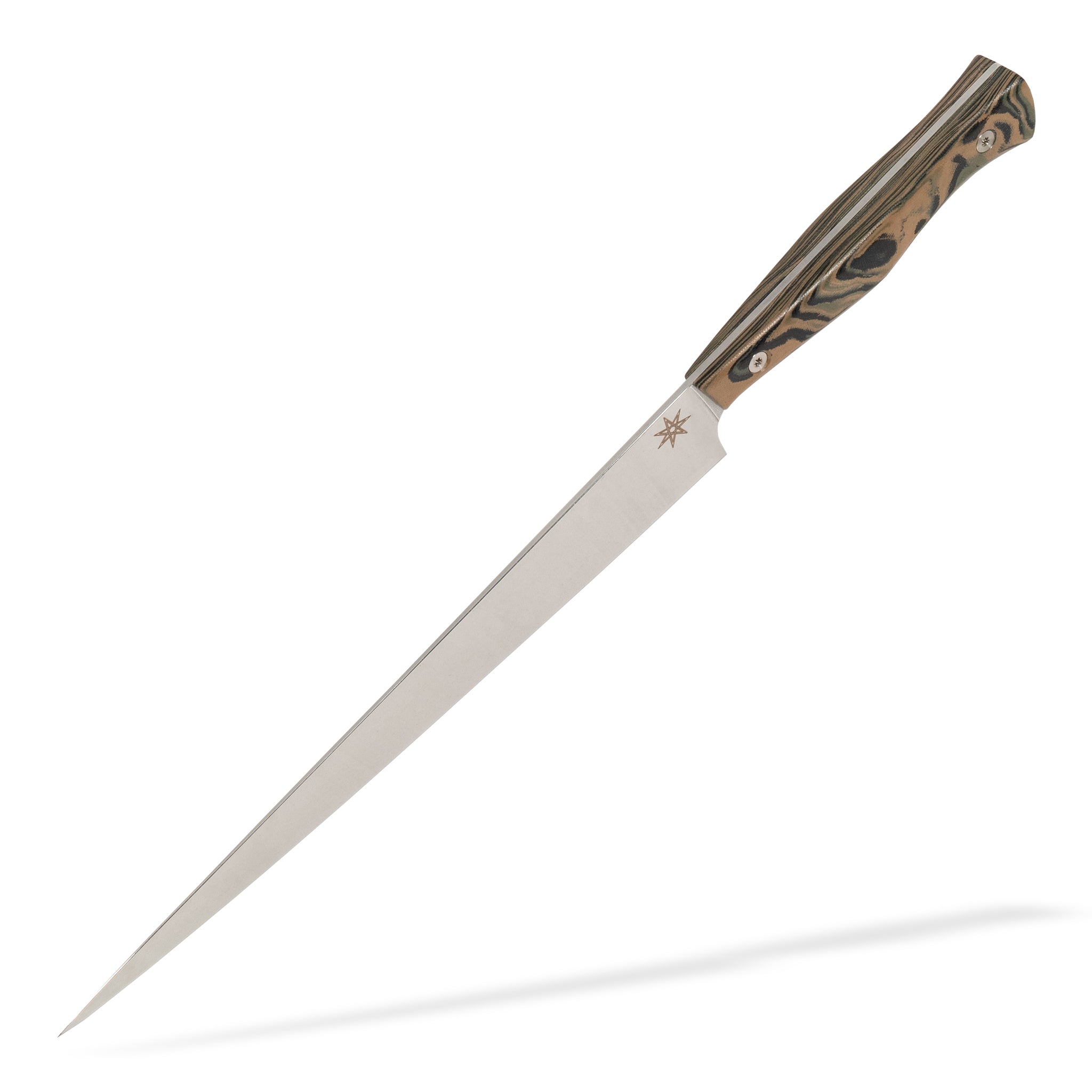 Detail view of Town Cutler Culinary 2.0 slicer carving knife with black, green, and tan burl g-10 handle and stainless steel blade.