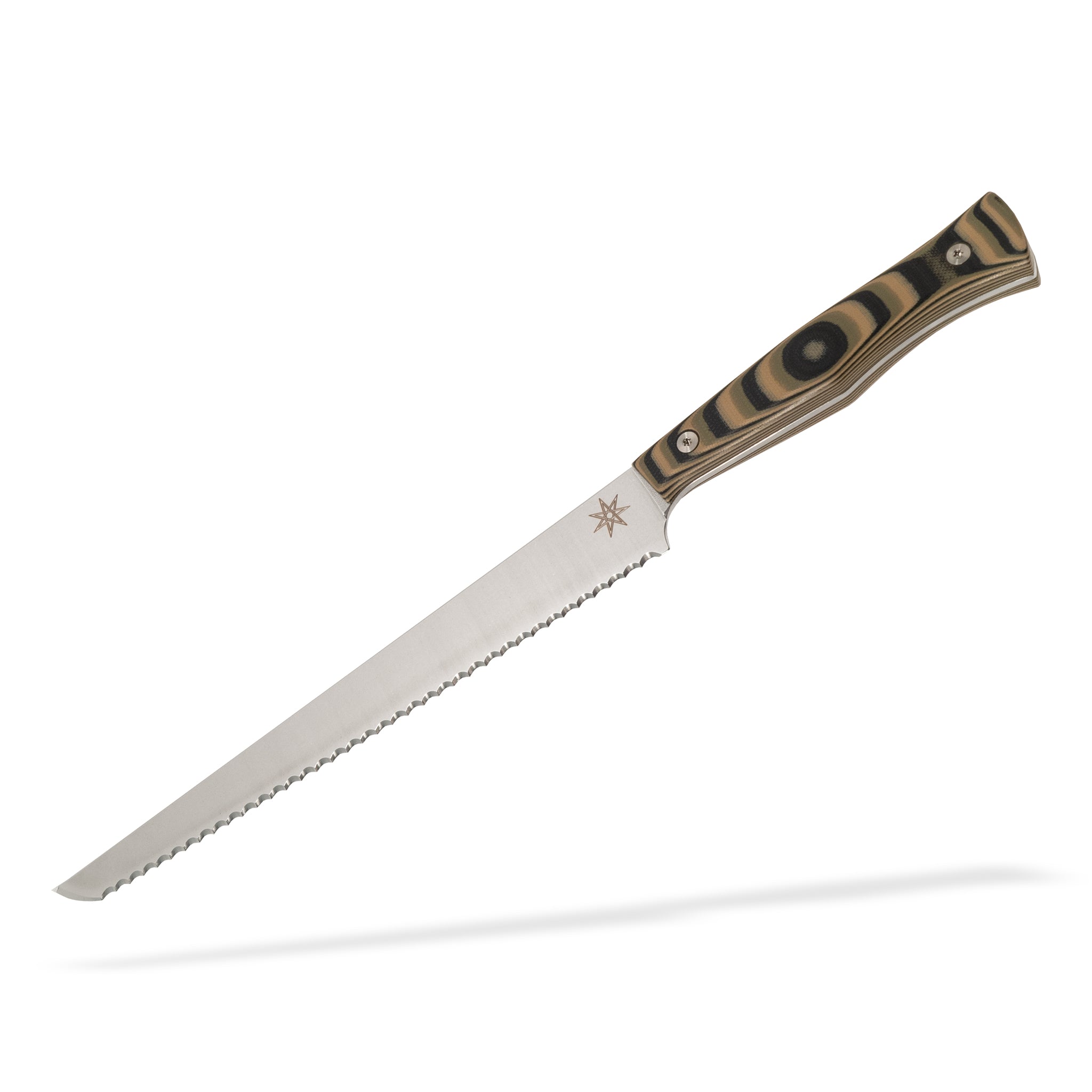 Detail view of Town Cutler Culinary 2.0 Bread knife with black, green, and tan layered g-10 handle and stainless steel blade.