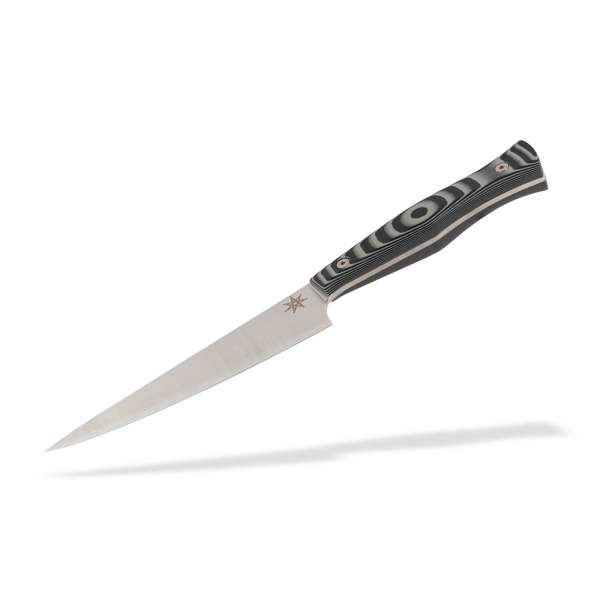 Detail view of Town Cutler Culinary 2.0 kitchen utility petty knife with black and gray layered g-10 handle and stainless steel blade.
