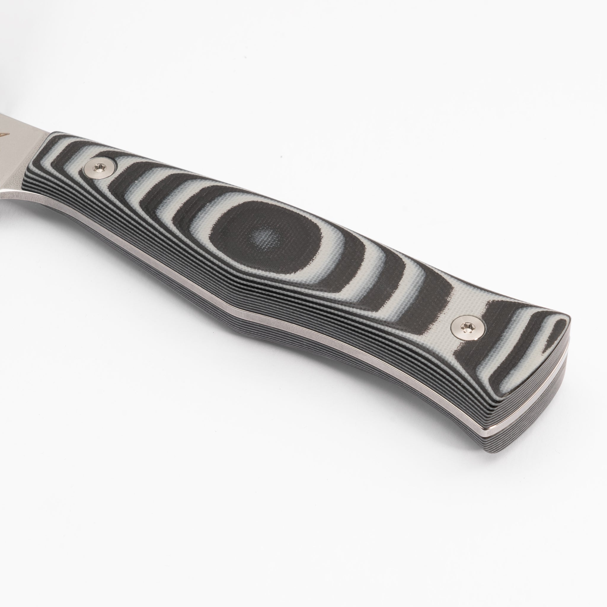 Detail photo of black and gray G-10 kitchen knife handle Town Cutler