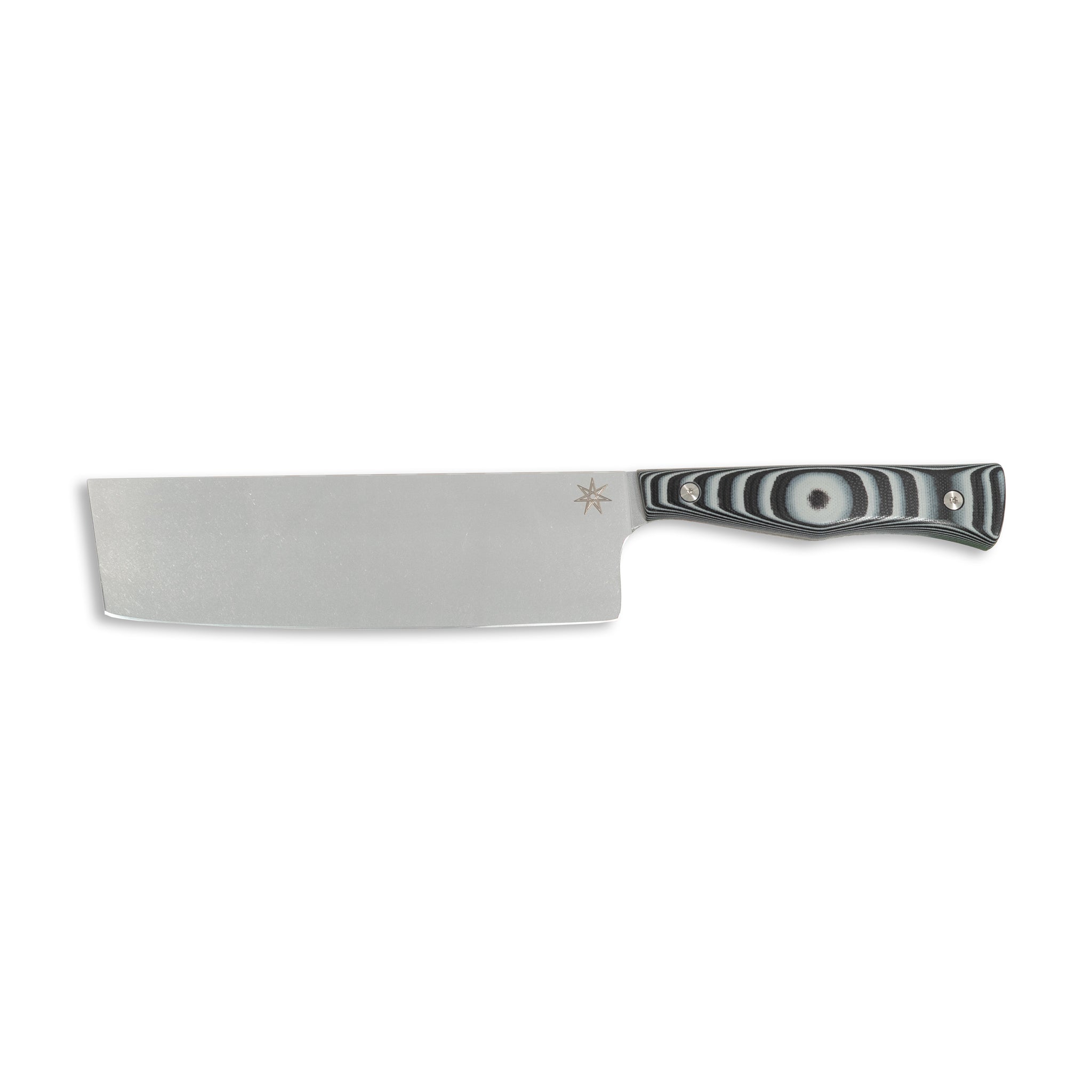 Stainless steel nakiri vegetable knife with a gray and black handle.