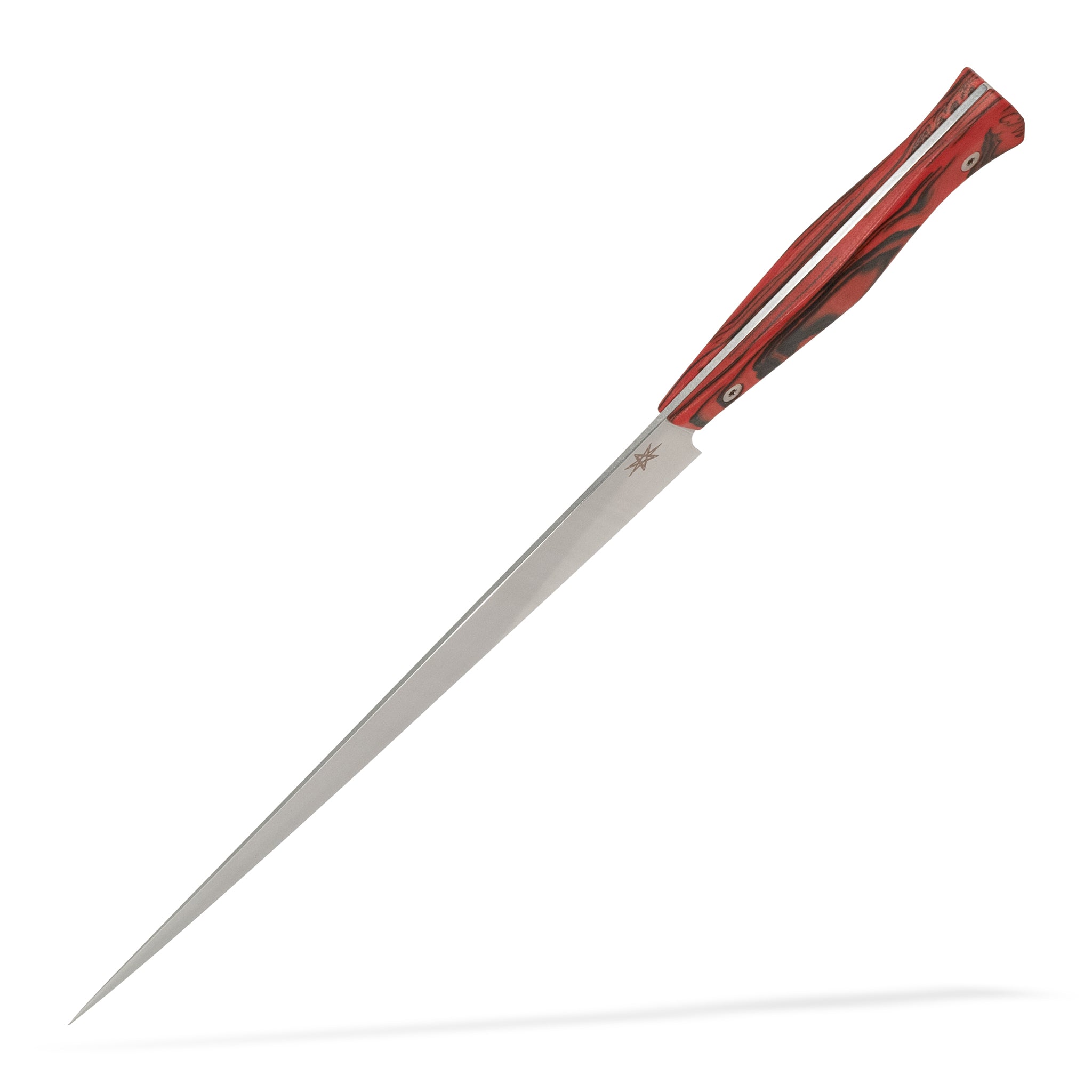 Detail view of Town Cutler Culinary 2.0 slicer carving knife with red and black burl g-10 handle and stainless steel blade.