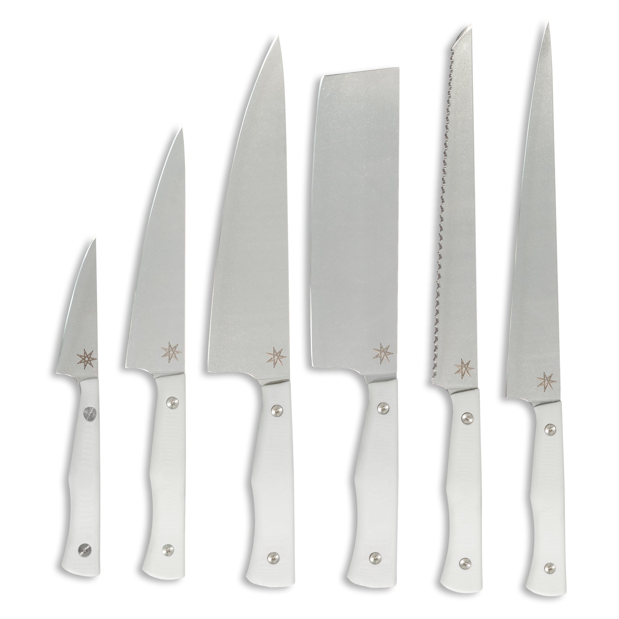 Six piece stainless steel kitchen knife set with white handles