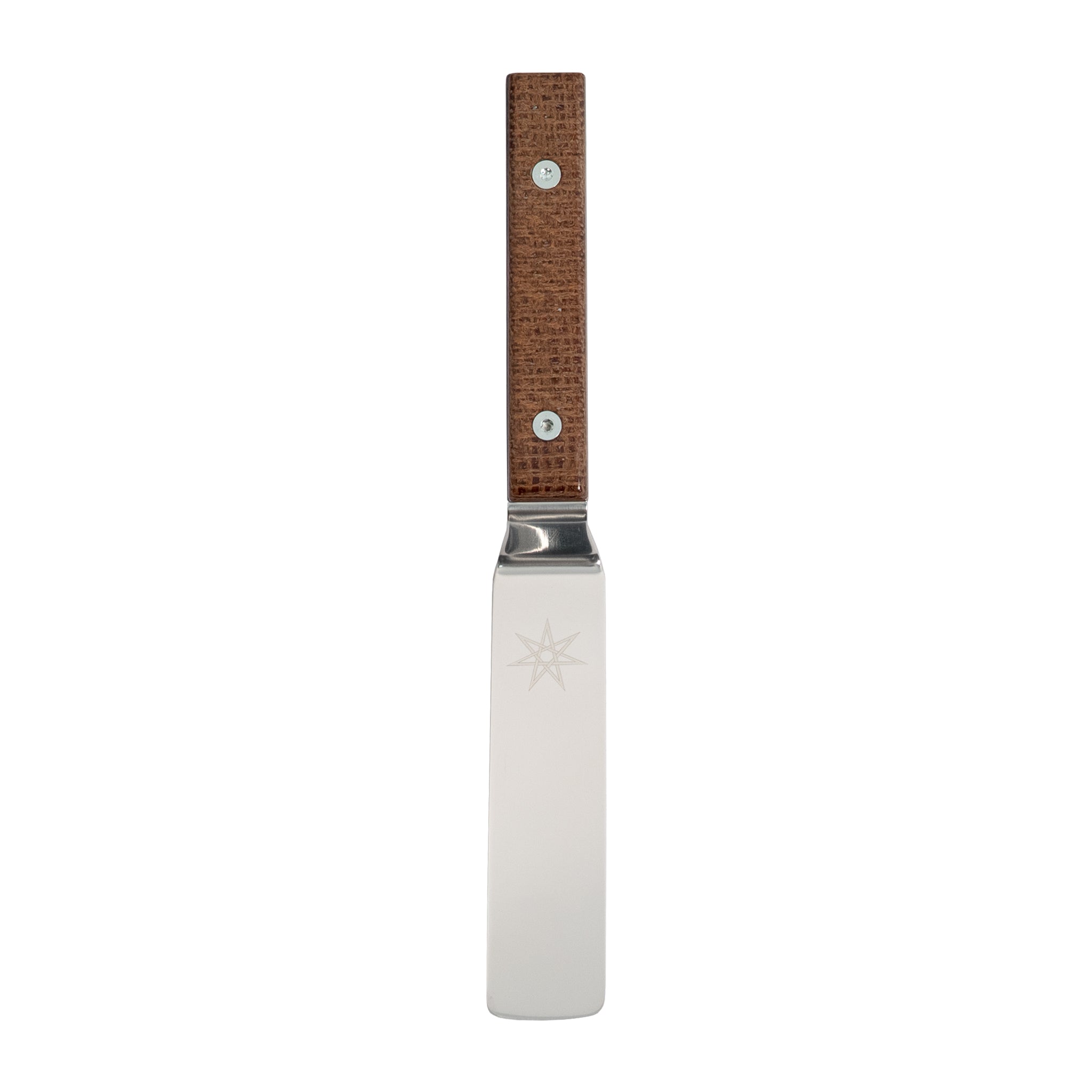 Stainless steel offset palette knife kitchen spatula with natural burlap micarta handle