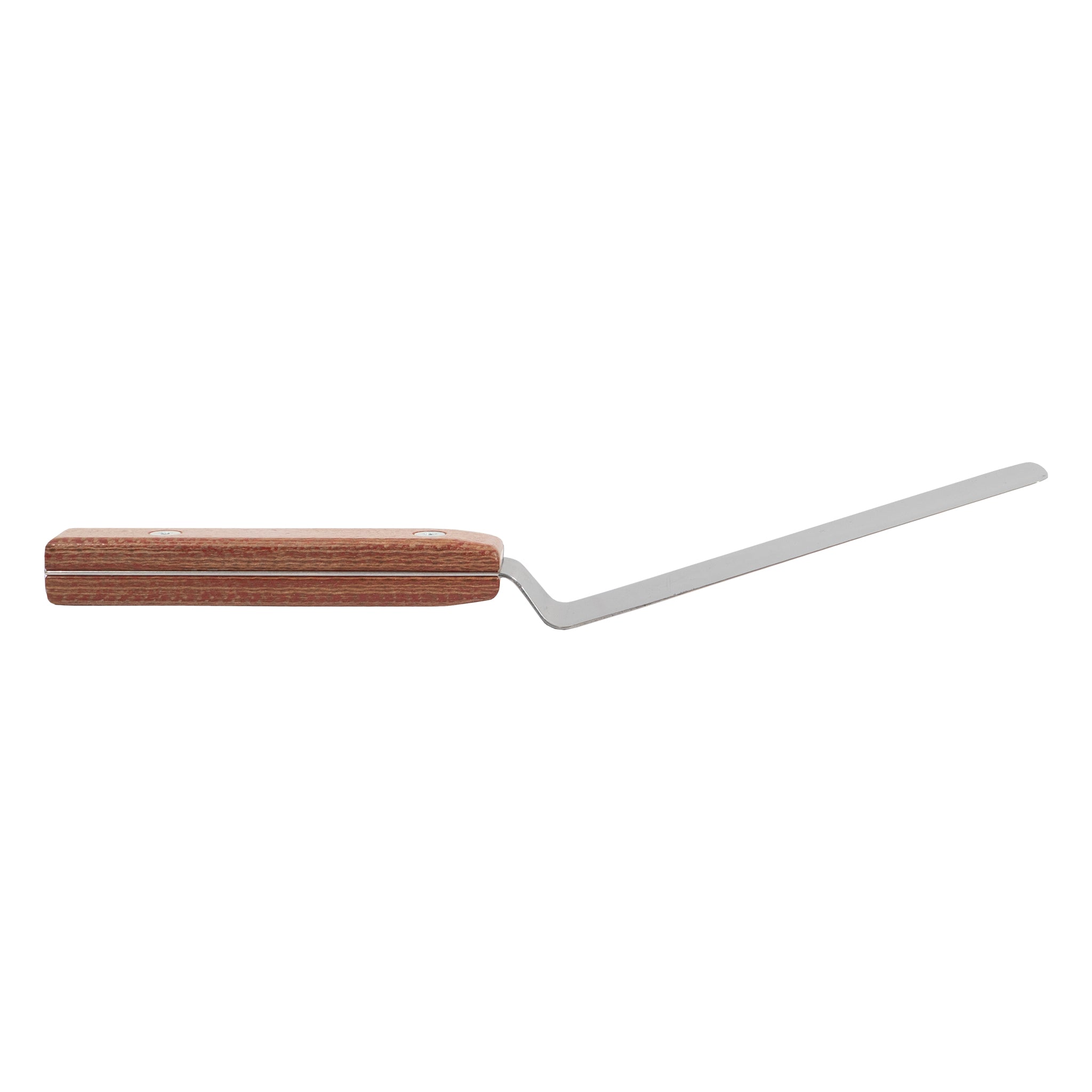 Metal kitchen spatula palette knife with brown orange handle on a white background
