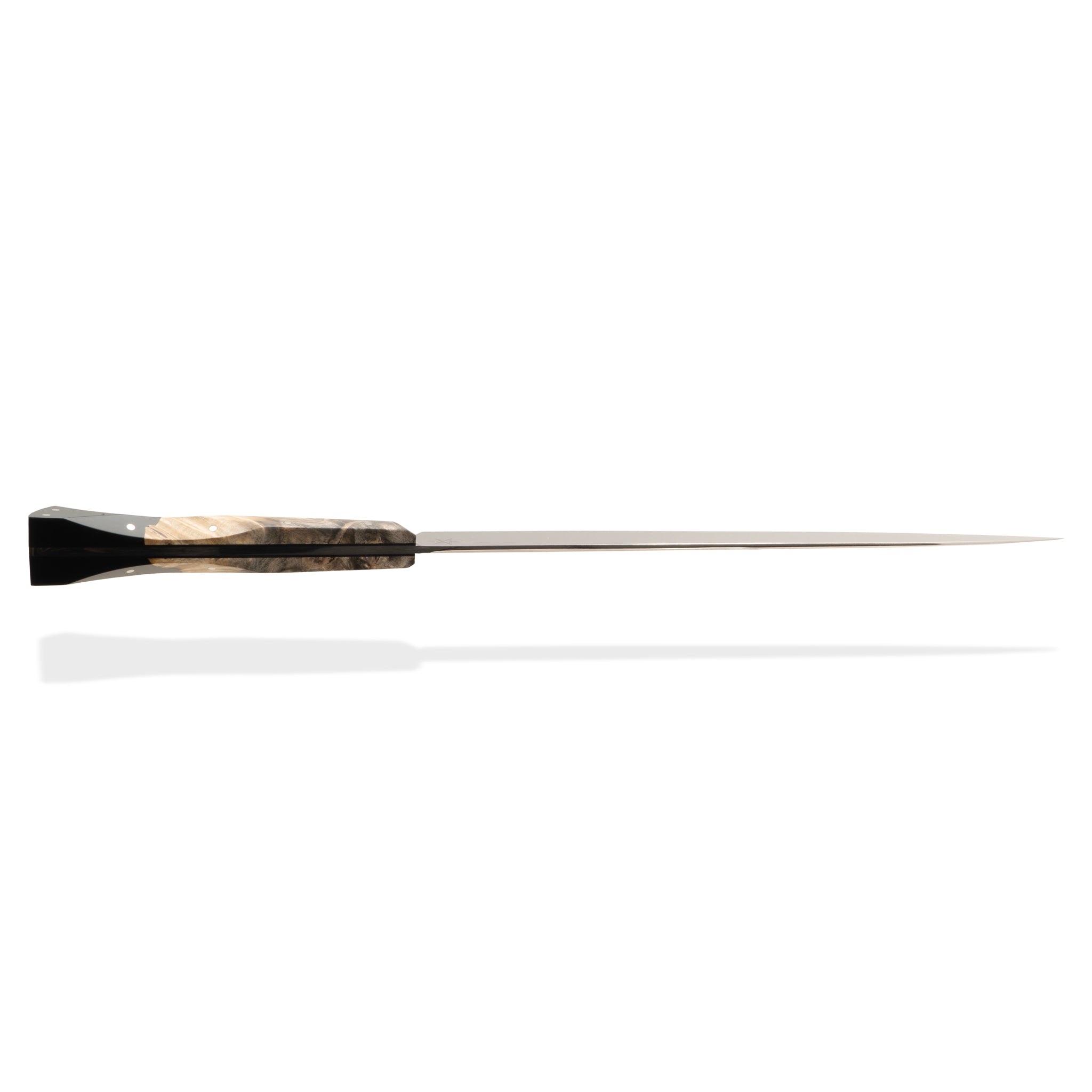 Detail photo of a kitchen slicer carving knife with wood and black resin handle on a white background.