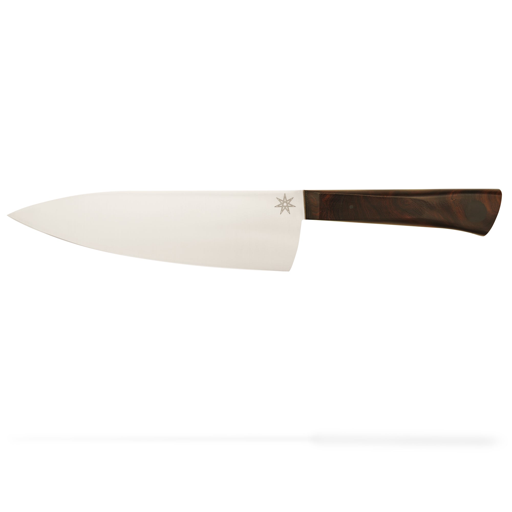 Chef's knife with a brown wooden ironwood handle on a white background
