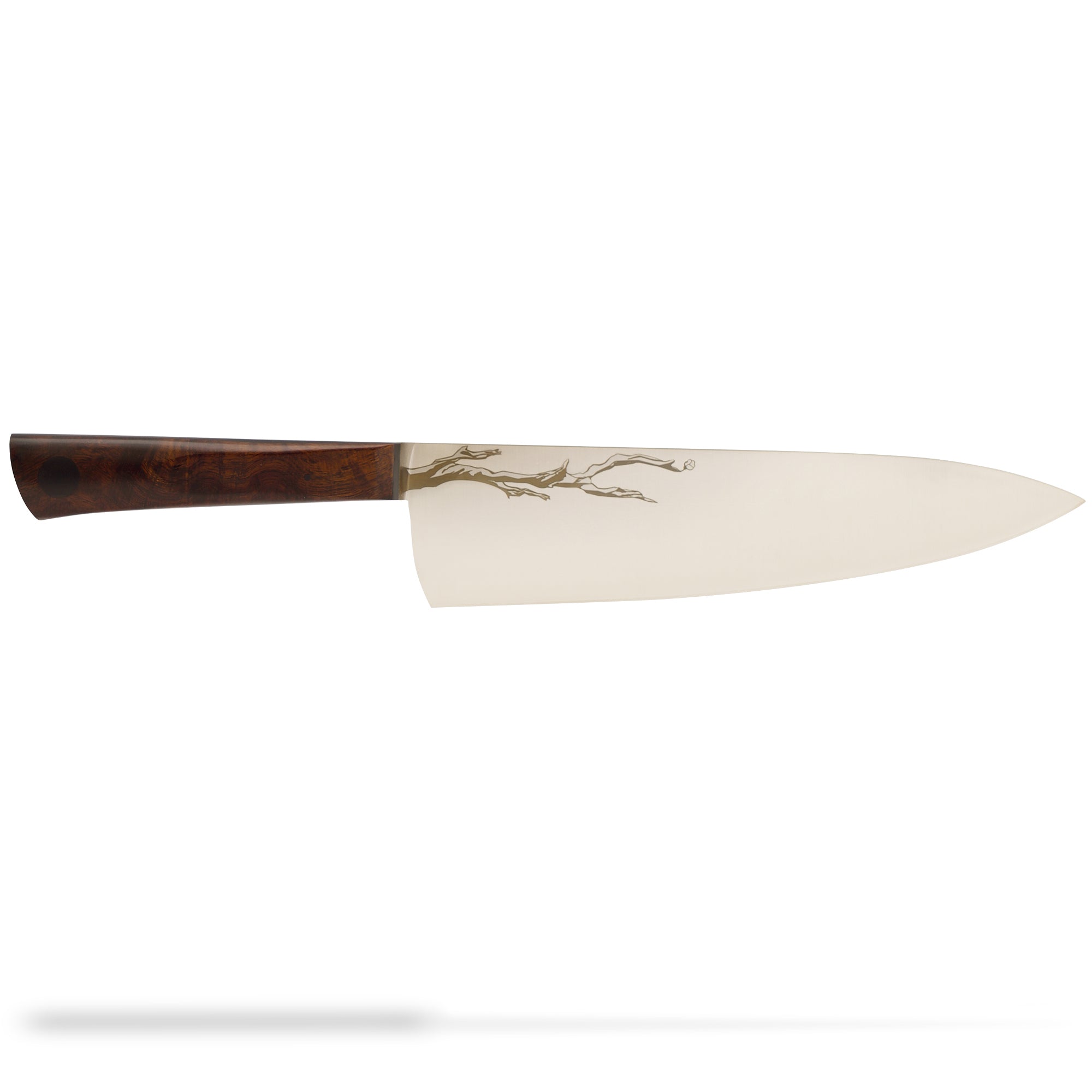 Chef's knife with a brown wooden ironwood handle with decorative engraving on the blade on a white background