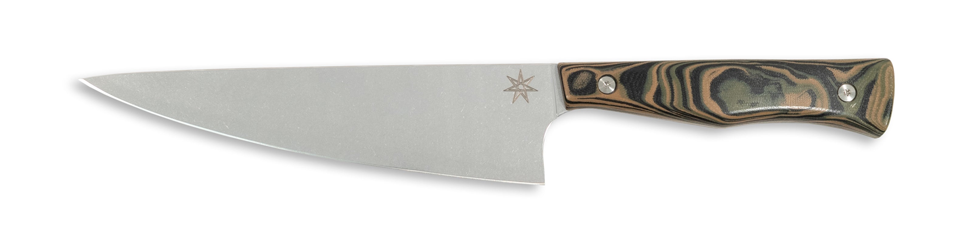 Town Cutler Culinary 2.0 7" chef knife with black, green, and tan burl g-10 handle and stainless steel blade.