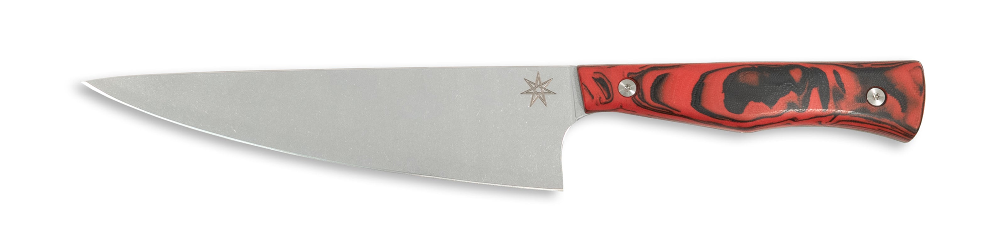 Town Cutler Culinary 2.0 7" chef knife with red and black burl g-10 handle and stainless steel blade.