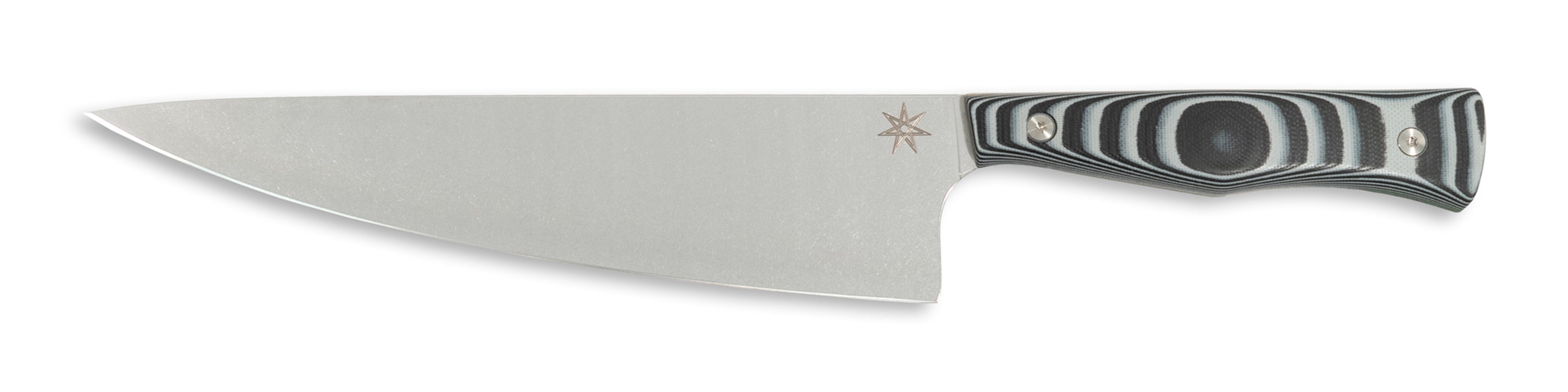 Town Cutler Culinary 2.0 8.5" chef knife with black and gray layered g-10 handle and stainless steel blade.