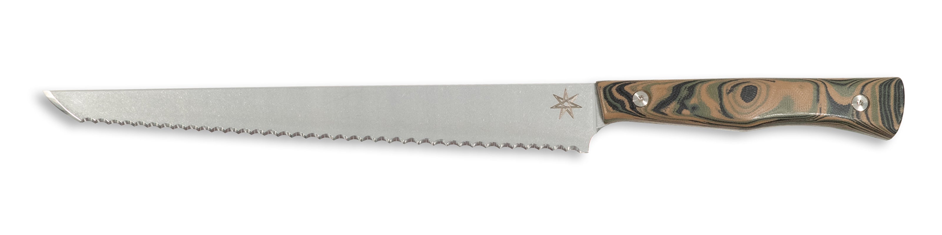 Town Cutler Culinary 2.0 bread knife with black, green, and tan burl g-10 handle and stainless steel blade.