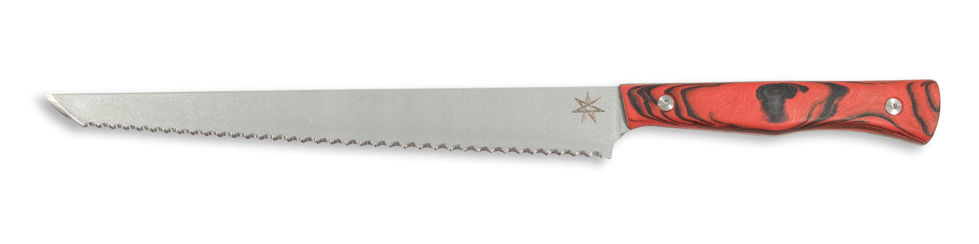 Town Cutler Culinary 2.0 kitchen bread knife with red and black burl g-10 handle and stainless steel blade.