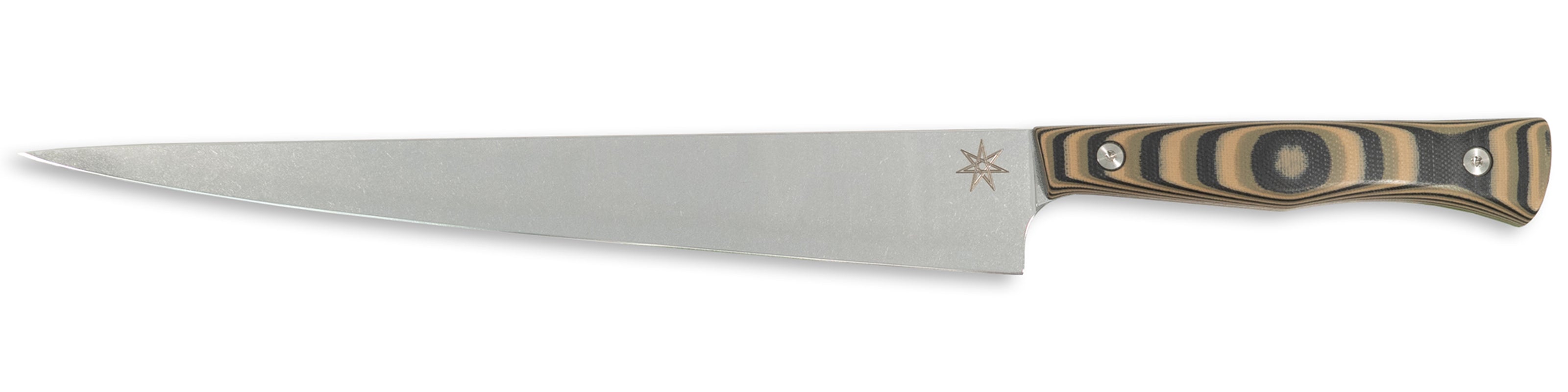 Town Cutler Culinary 2.0 slicer carving knife with black, green, and tan layered g-10 handle and stainless steel blade.