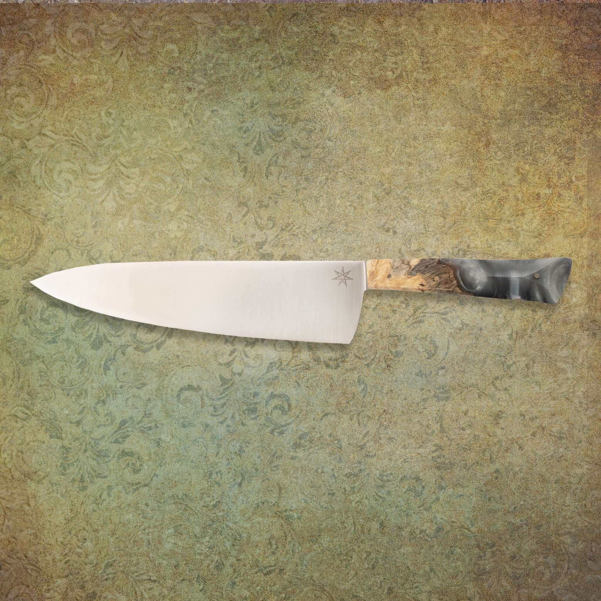Handcrafted Ag 47 Kitchen Knife with stainless steel blade and silvery resin and buckeye burl handle.