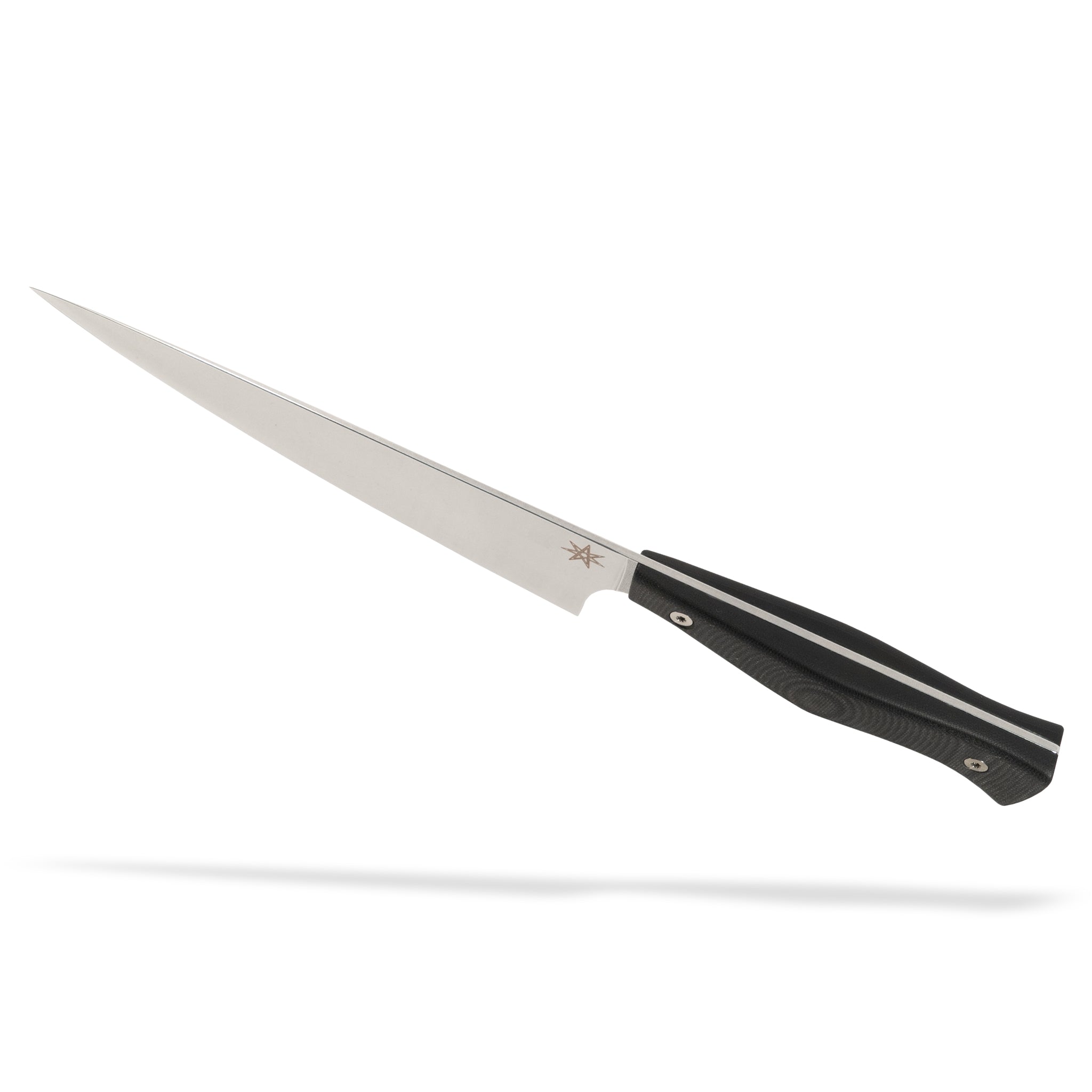 Detail view of Town Cutler Culinary 2.0 7" chef knife with black g-10 handle and stainless steel blade.