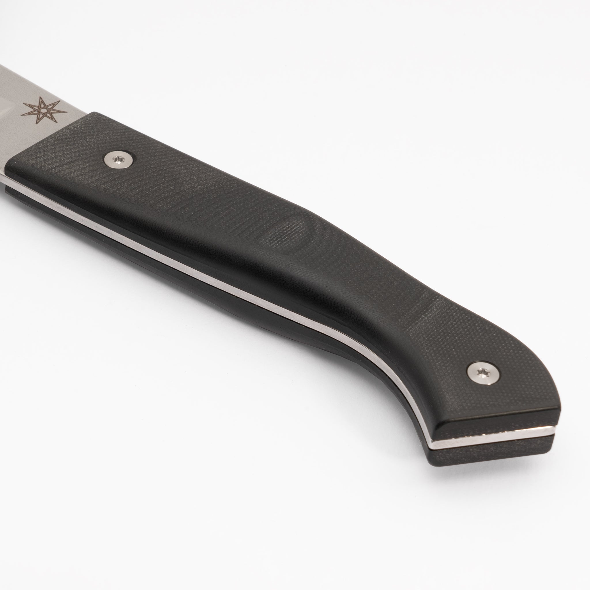 Detail photo of black G-10 kitchen knife handle Town Cutler 
