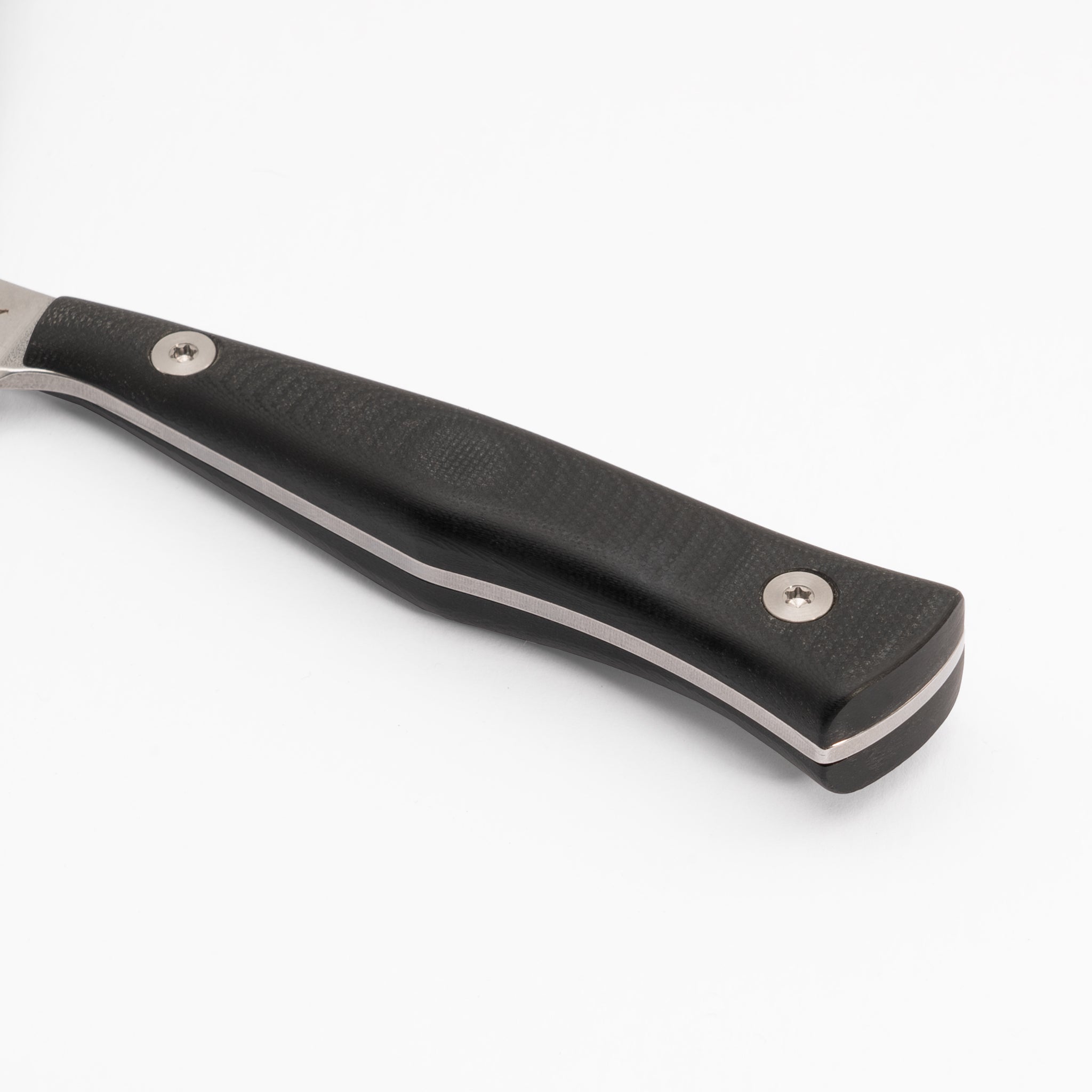 Detail photo of black G-10 kitchen knife handle Town Cutler 