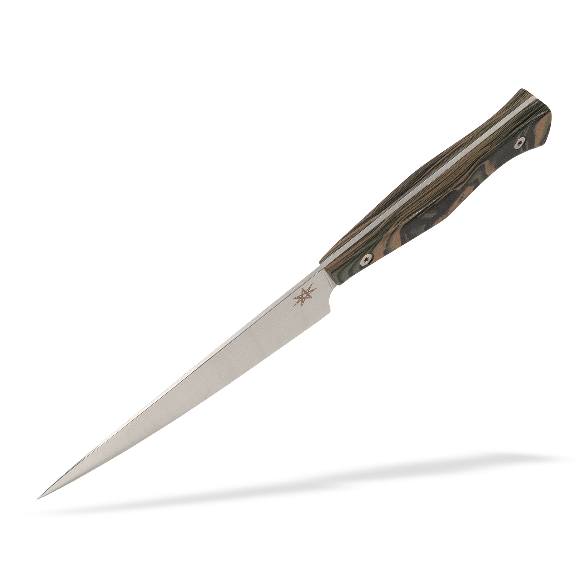 Detail view of Town Cutler Culinary 2.0 kitchen utility petty knife with black, green, and tan burl g-10 handle and stainless steel blade.