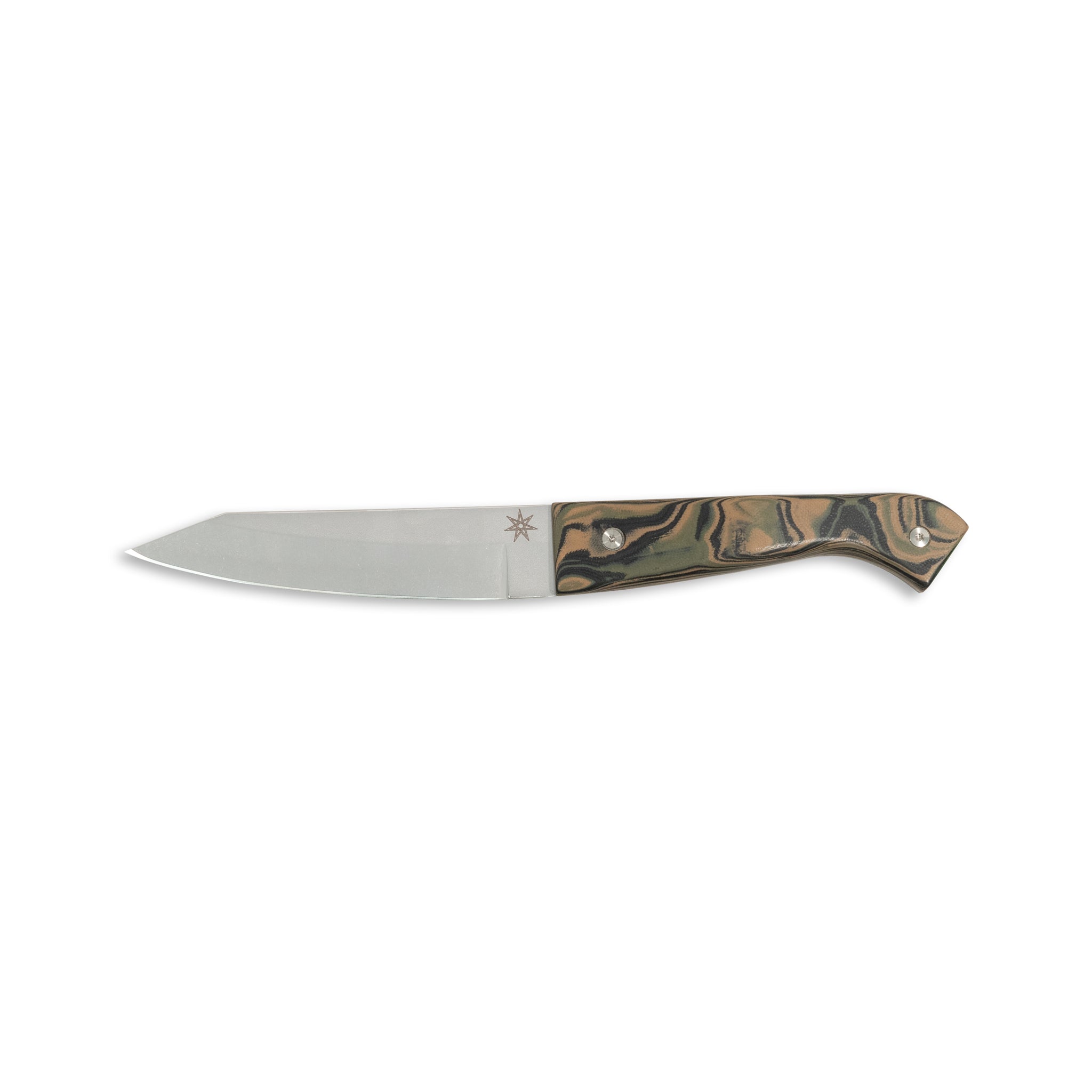 Stainless steel hankotsu boning knife with Black, Green, and Tan Burl G-10 handle.