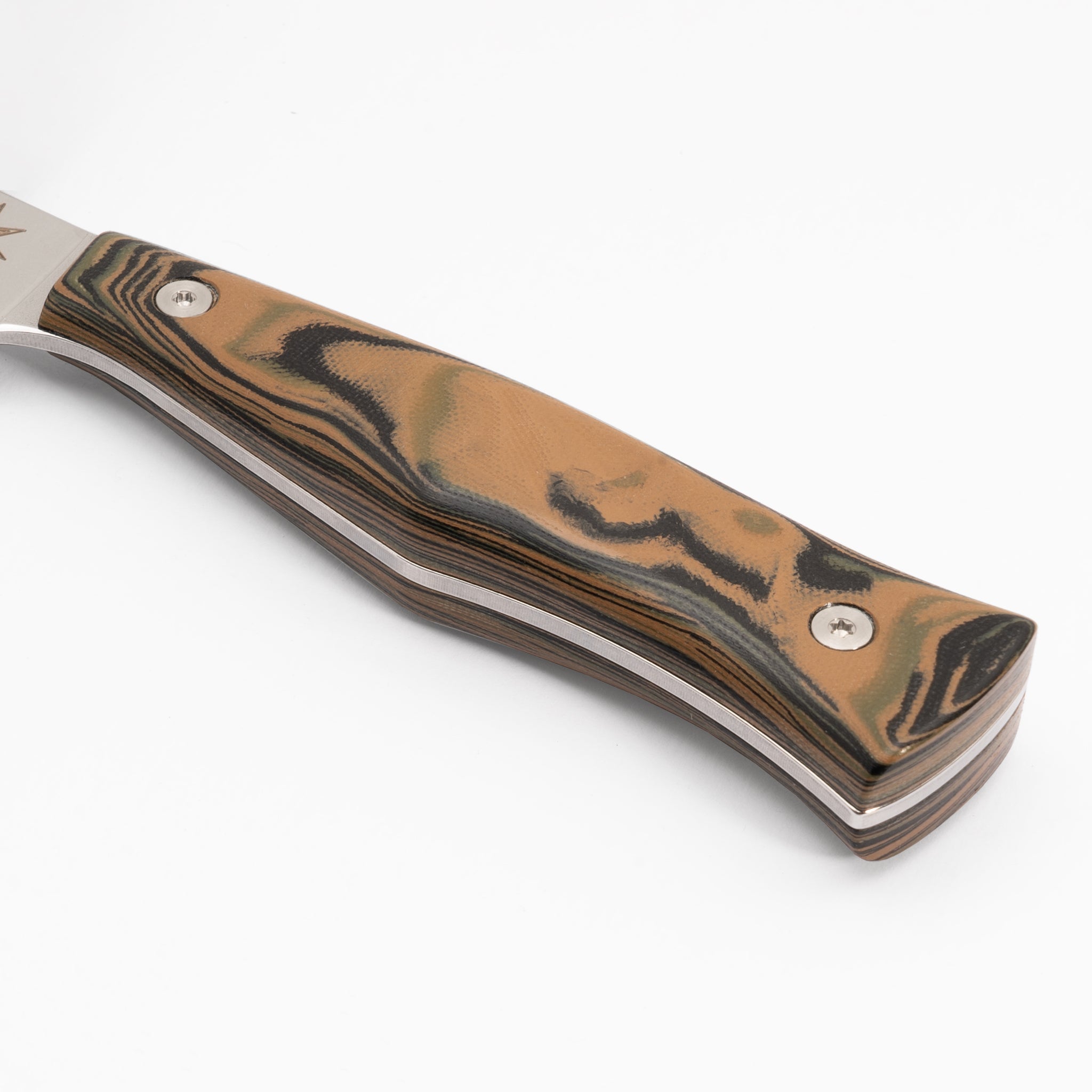 Detail photo of black, green, and tan burl G-10 kitchen knife handle Town Cutler 