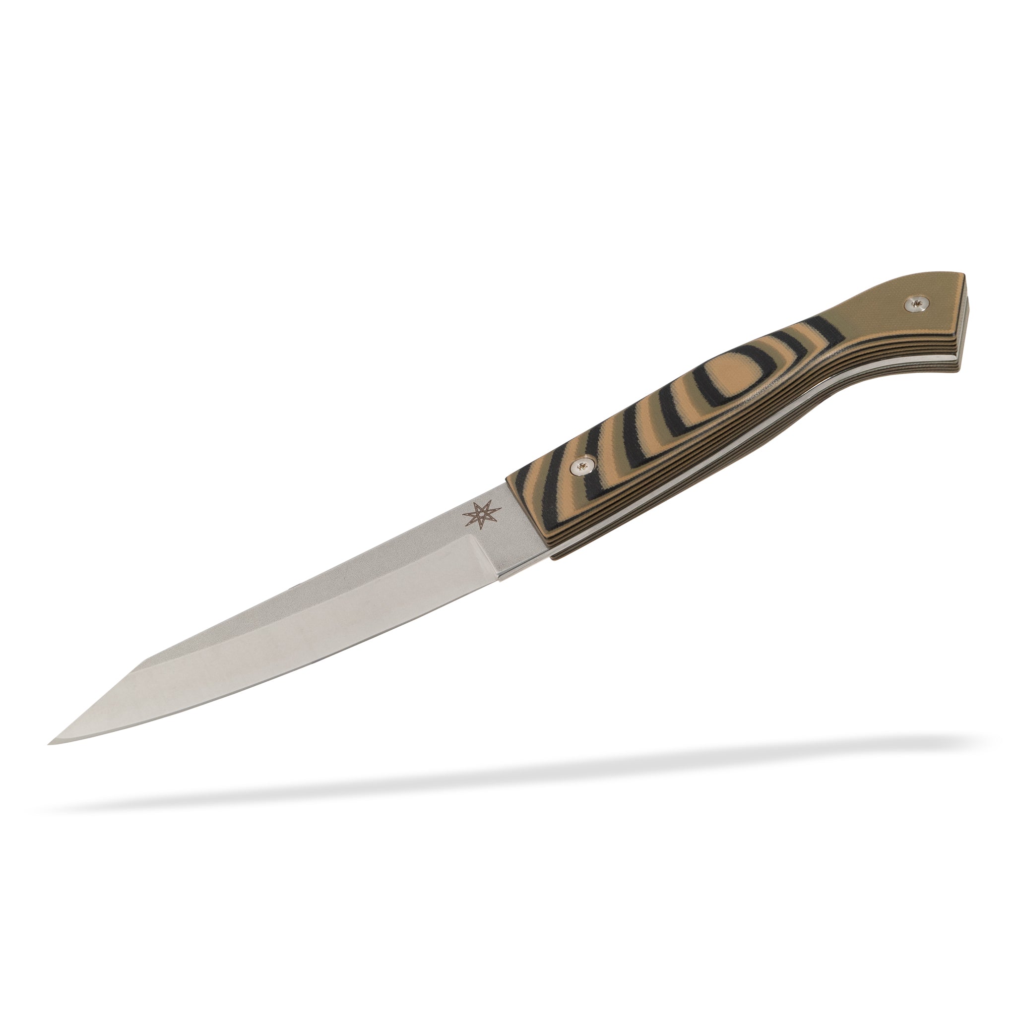Hankotsu boning knife with stainless steel blade and black, green, and tan layered g-10 handle