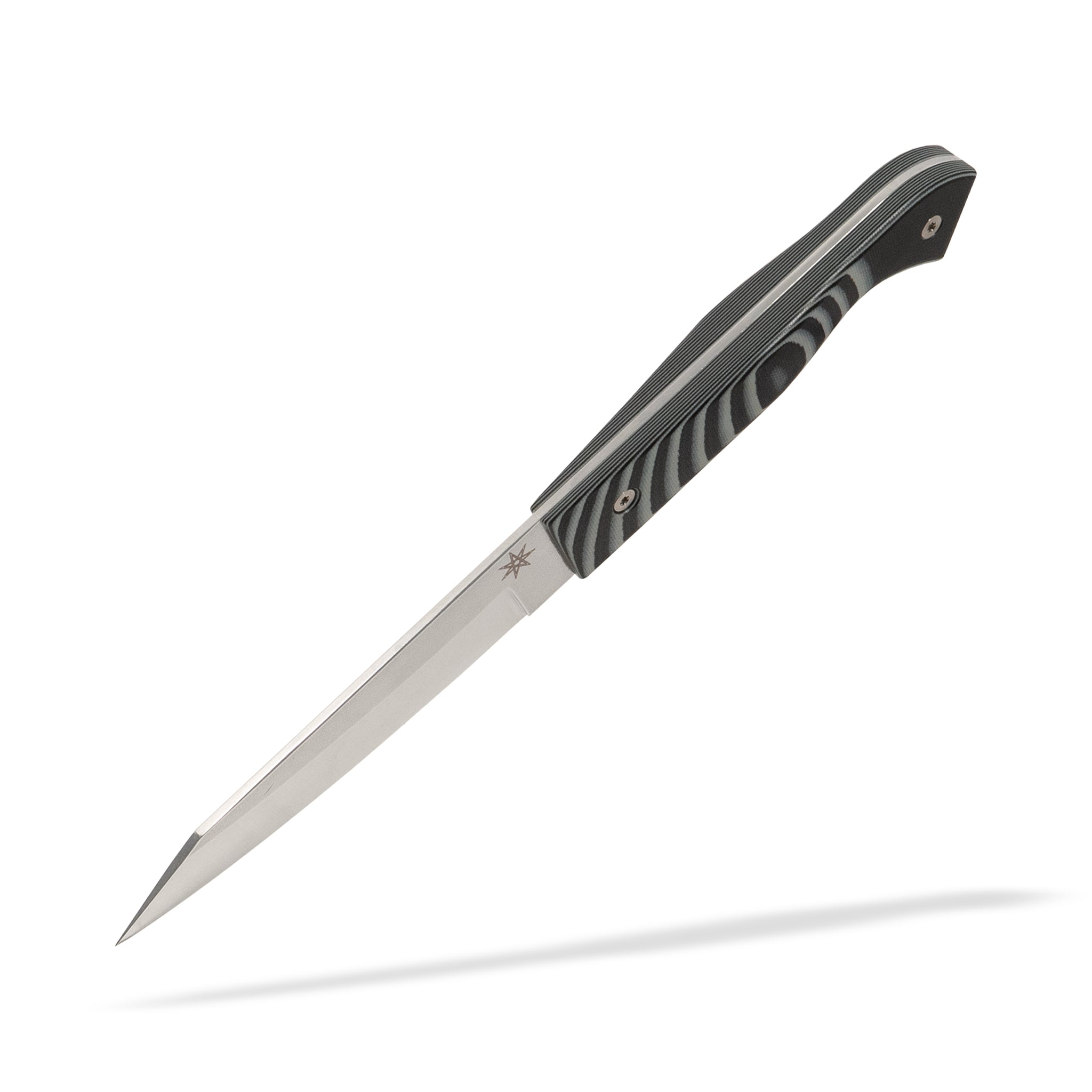 Hankotsu boning knife with stainless steel blade and black and gray layered g-10 handle