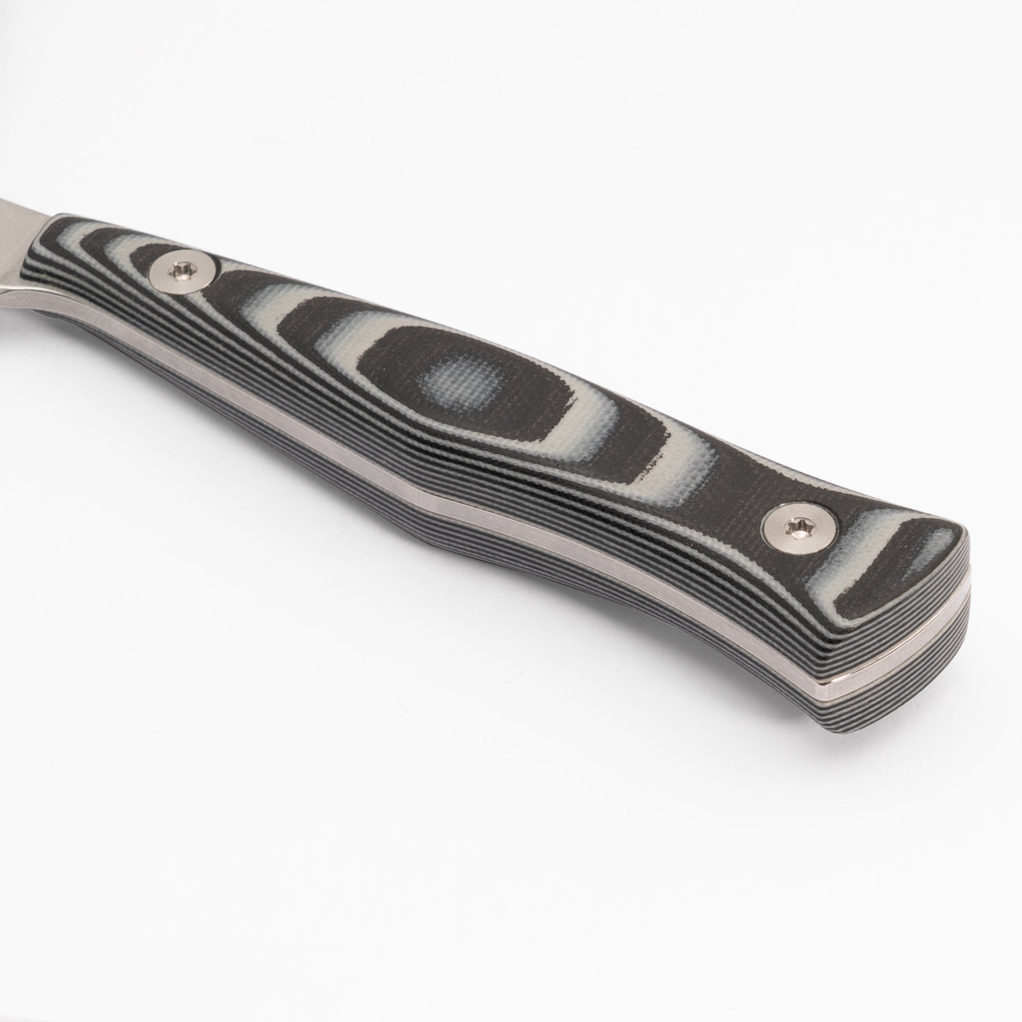Detail photo of black and gray paring G-10 kitchen knife handle Town Cutler 