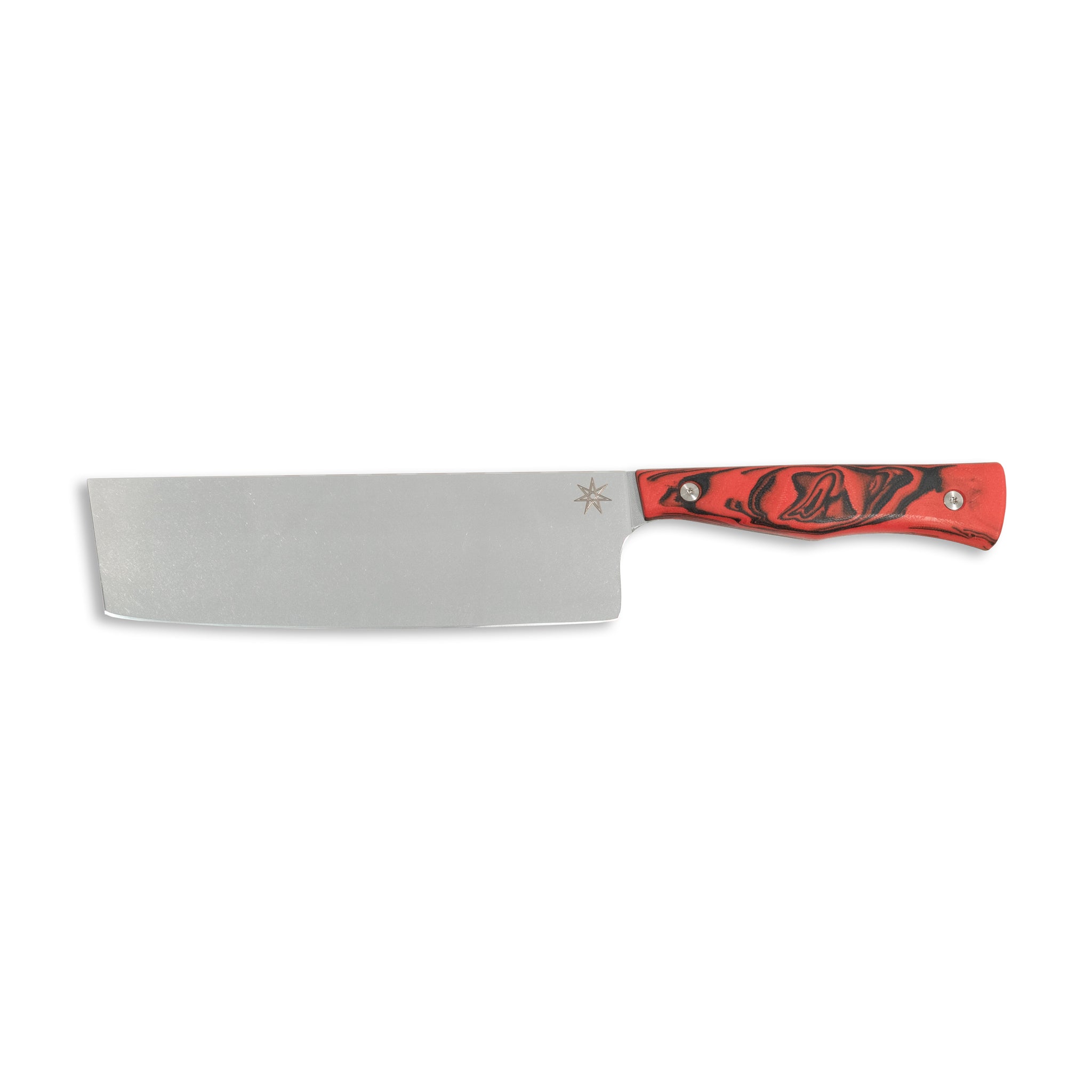 Stainless steel nakiri vegetable  knife with a red and black handle.