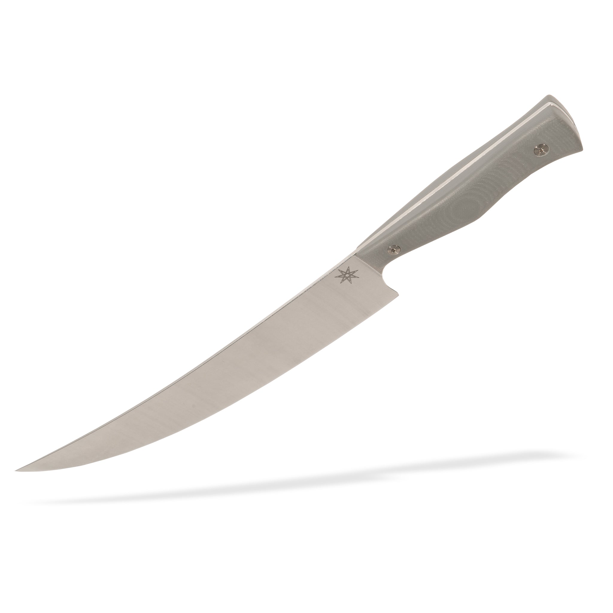 Stainless steel scimitar butcher knife with gray g-10 handle by Town Cutler.