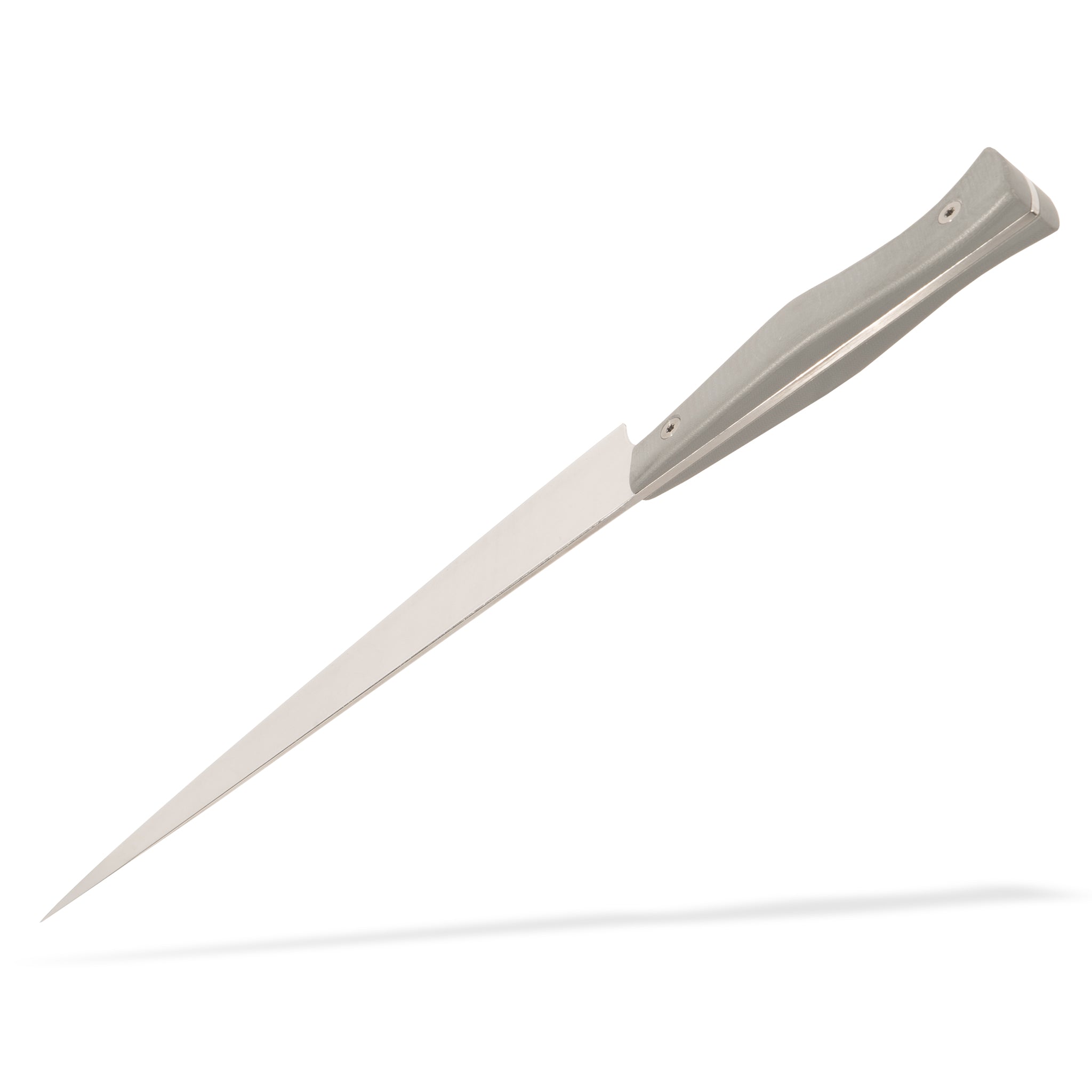 Stainless steel slicer carving knife with gray g-10 handle by Town Cutler.