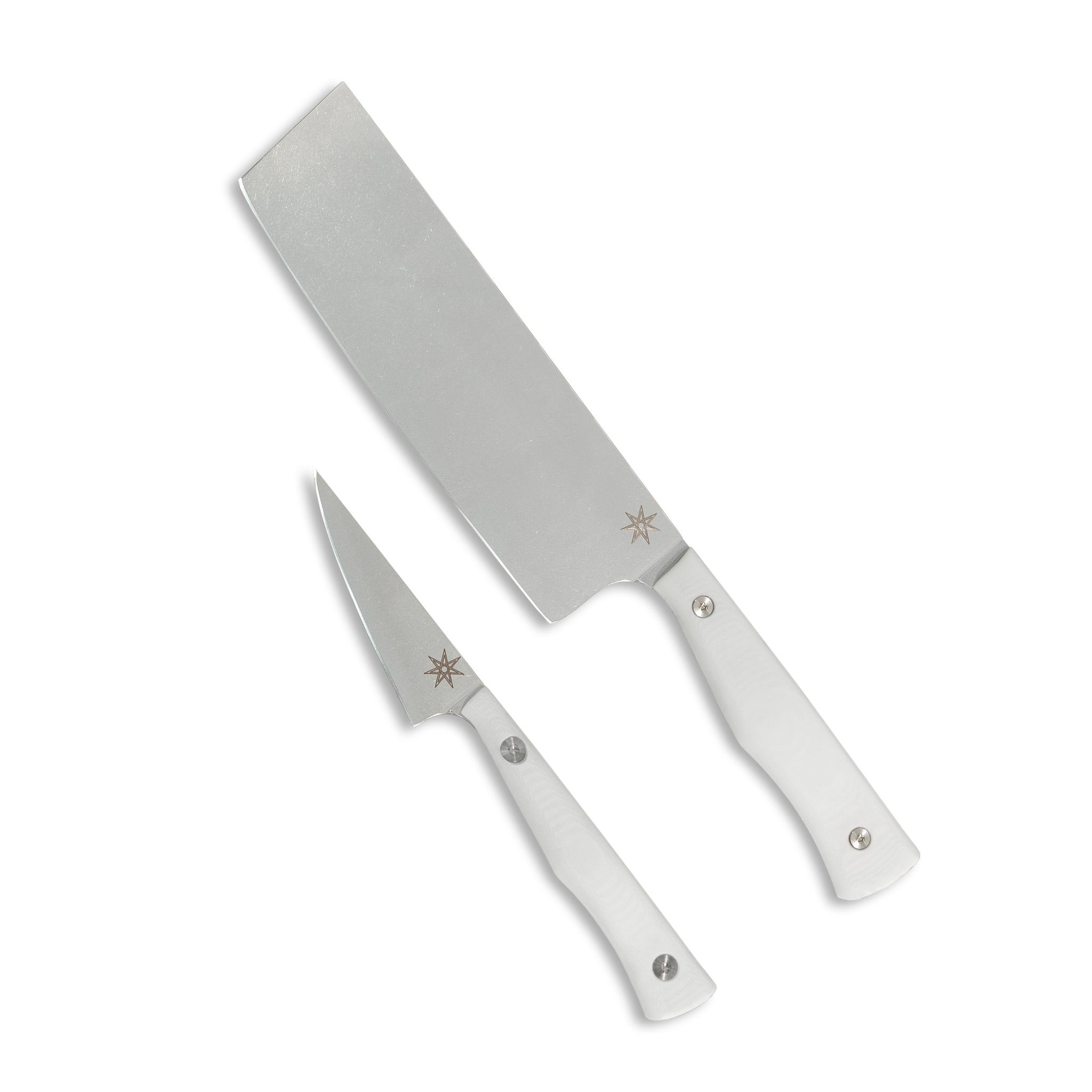 Two piece vegetable knife set. Nakiri and paring knife with stainless steel blade and white handle.