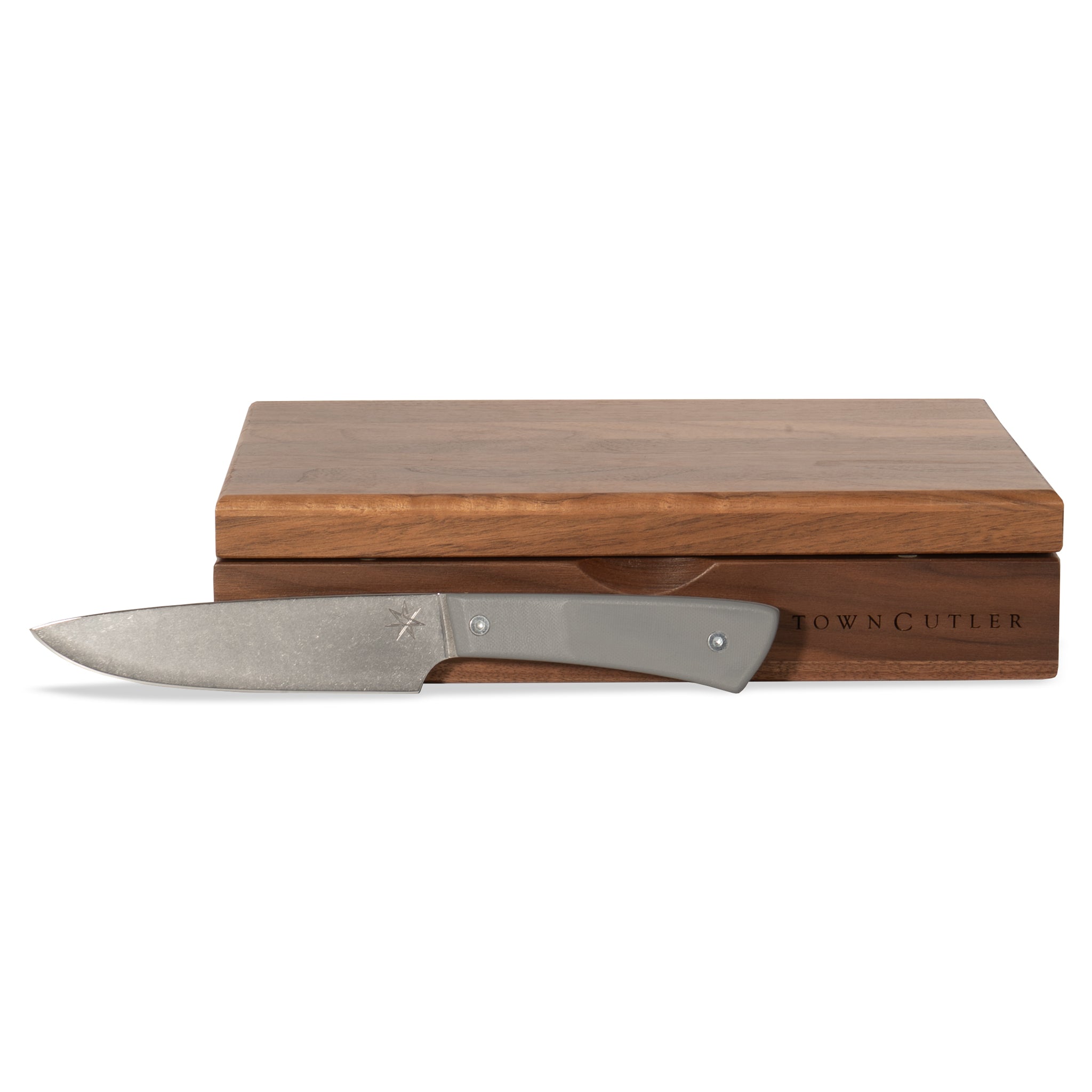 Stainless steel steak knife set with gray handle and wood storage box