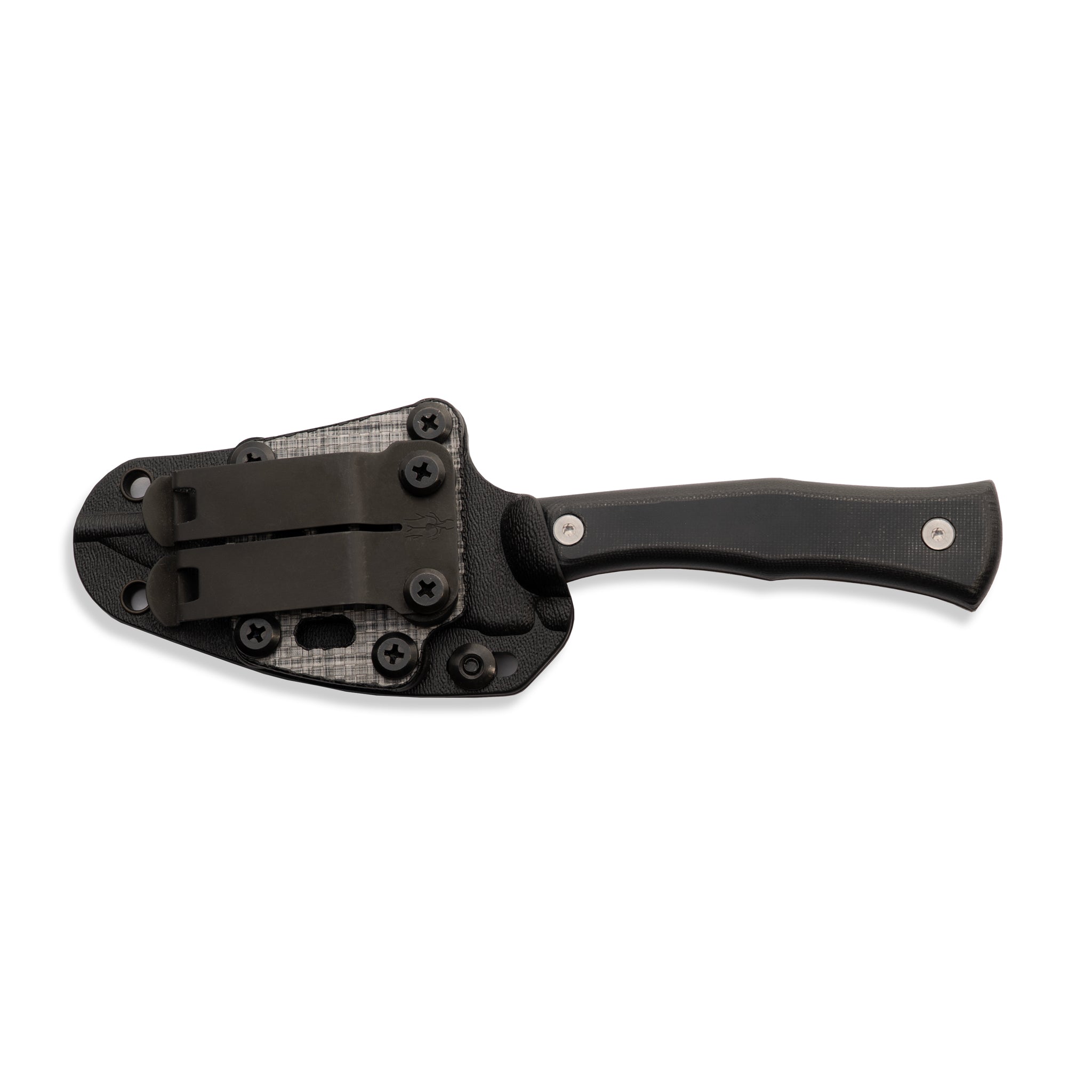 Hunting knife with a black handle with a black sheath with a clip on a white background