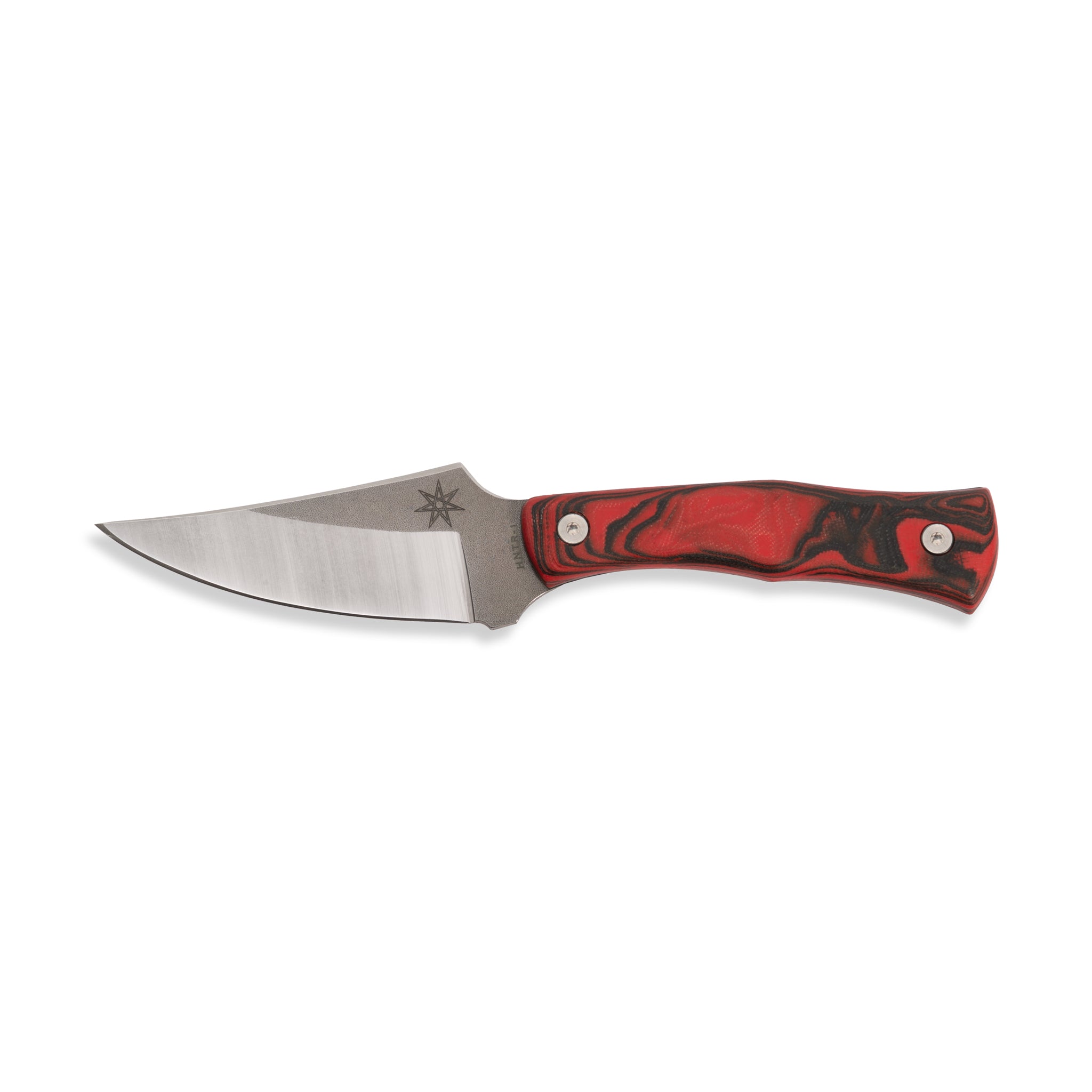 Hunting knife with a red and black handle on a white background