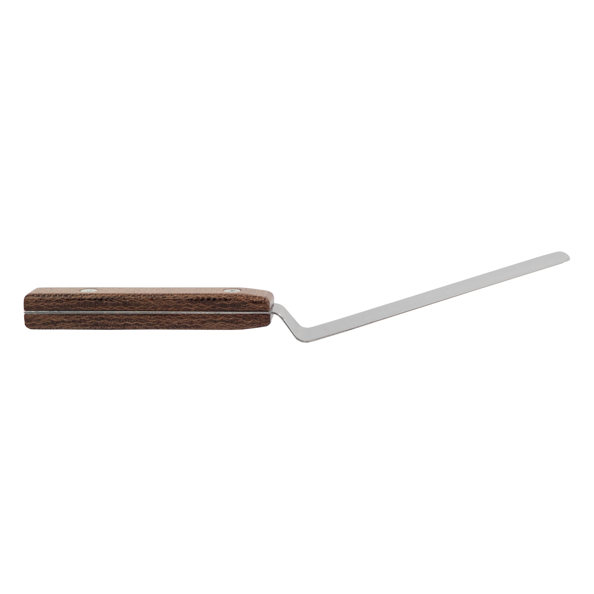 Side view of stainless steel offset palette knife kitchen spatula with natural burlap micarta handle