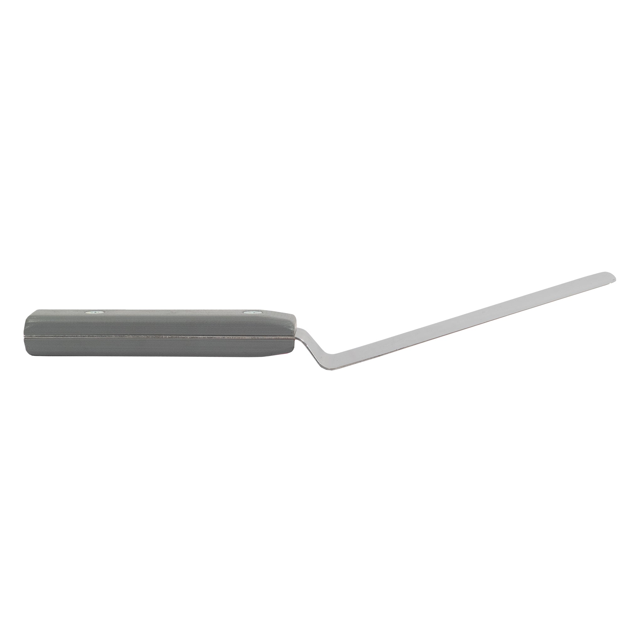 Side view of stainless steel palette knife with gray g-10 handle.
Side view of stainless steel palette knife with gray g-10 handle.