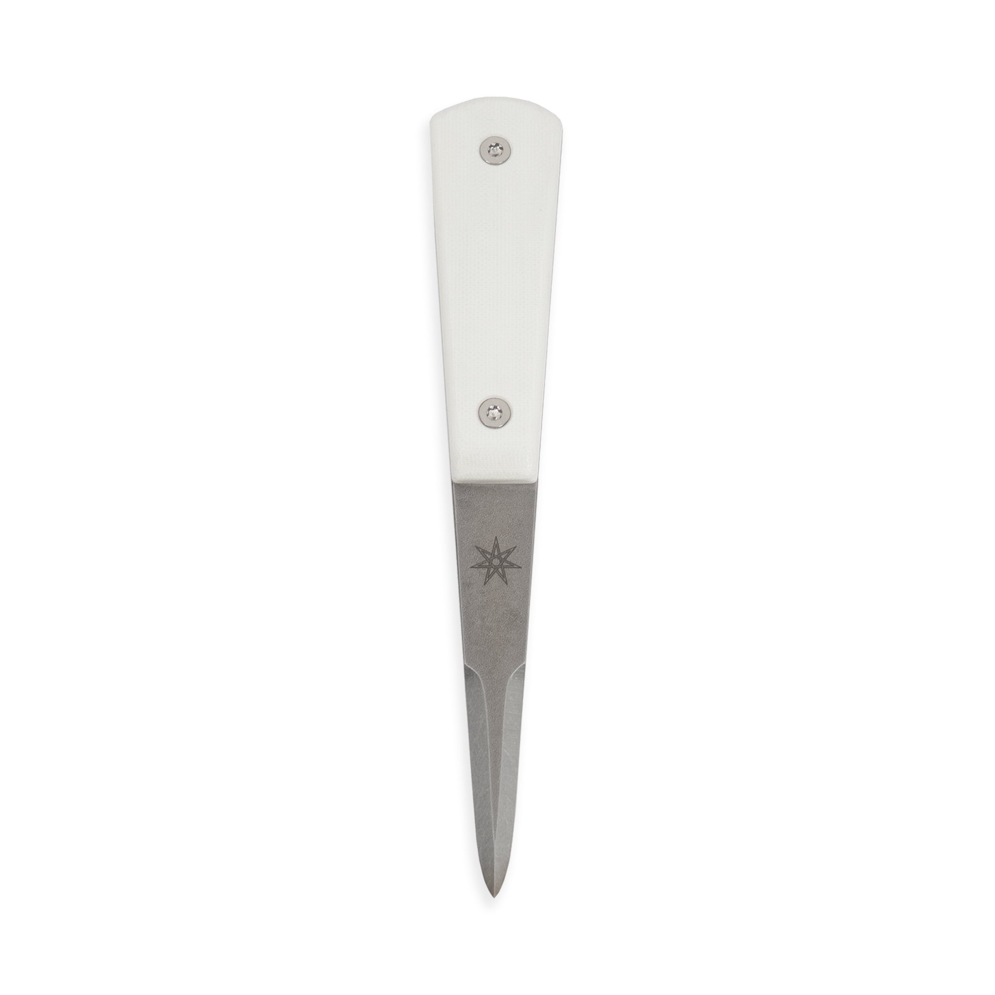 Stainless steel oyster shucker knife with durable white g-10 handle. 