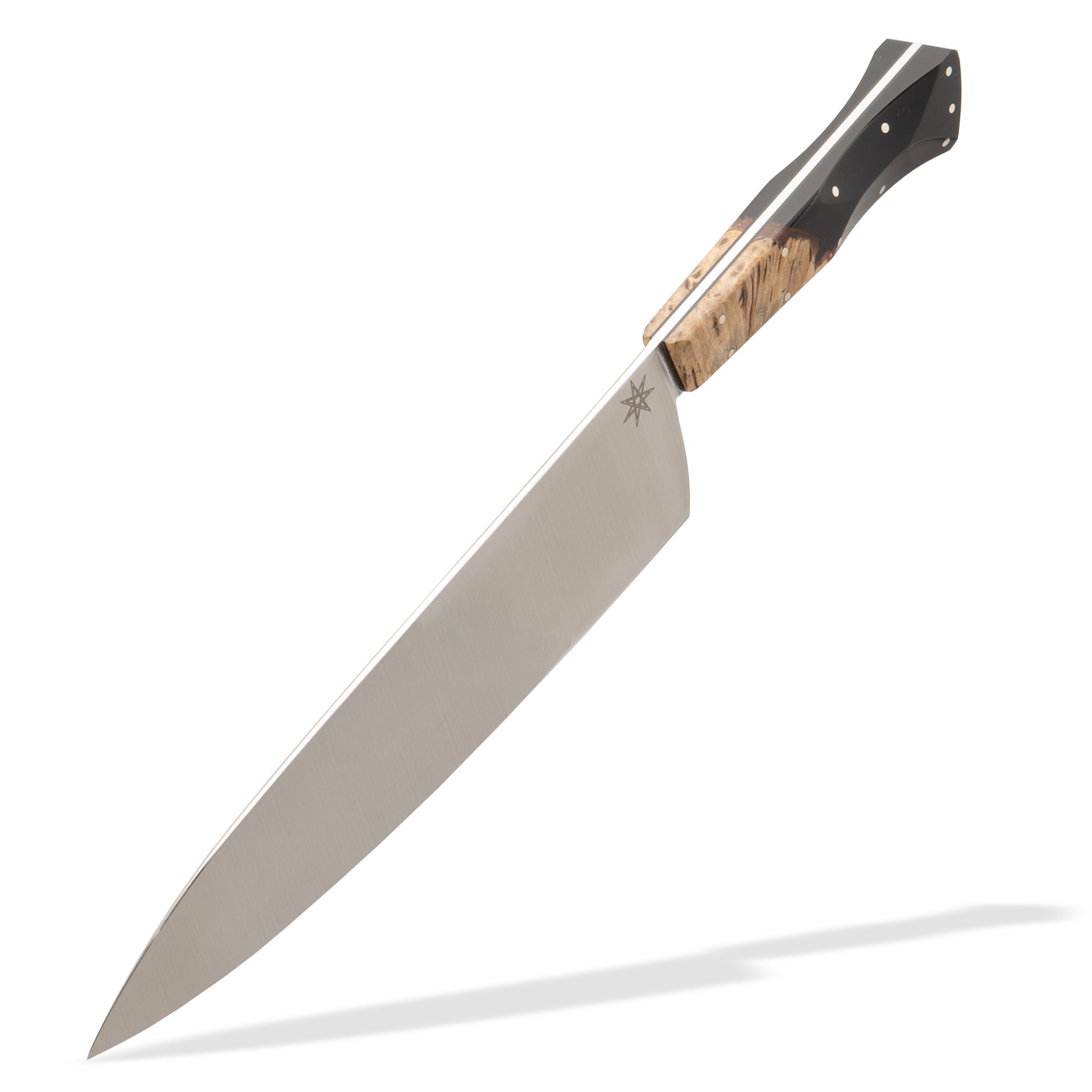 Detail photo of a kitchen chef knife with wood and resin handle on a white background.