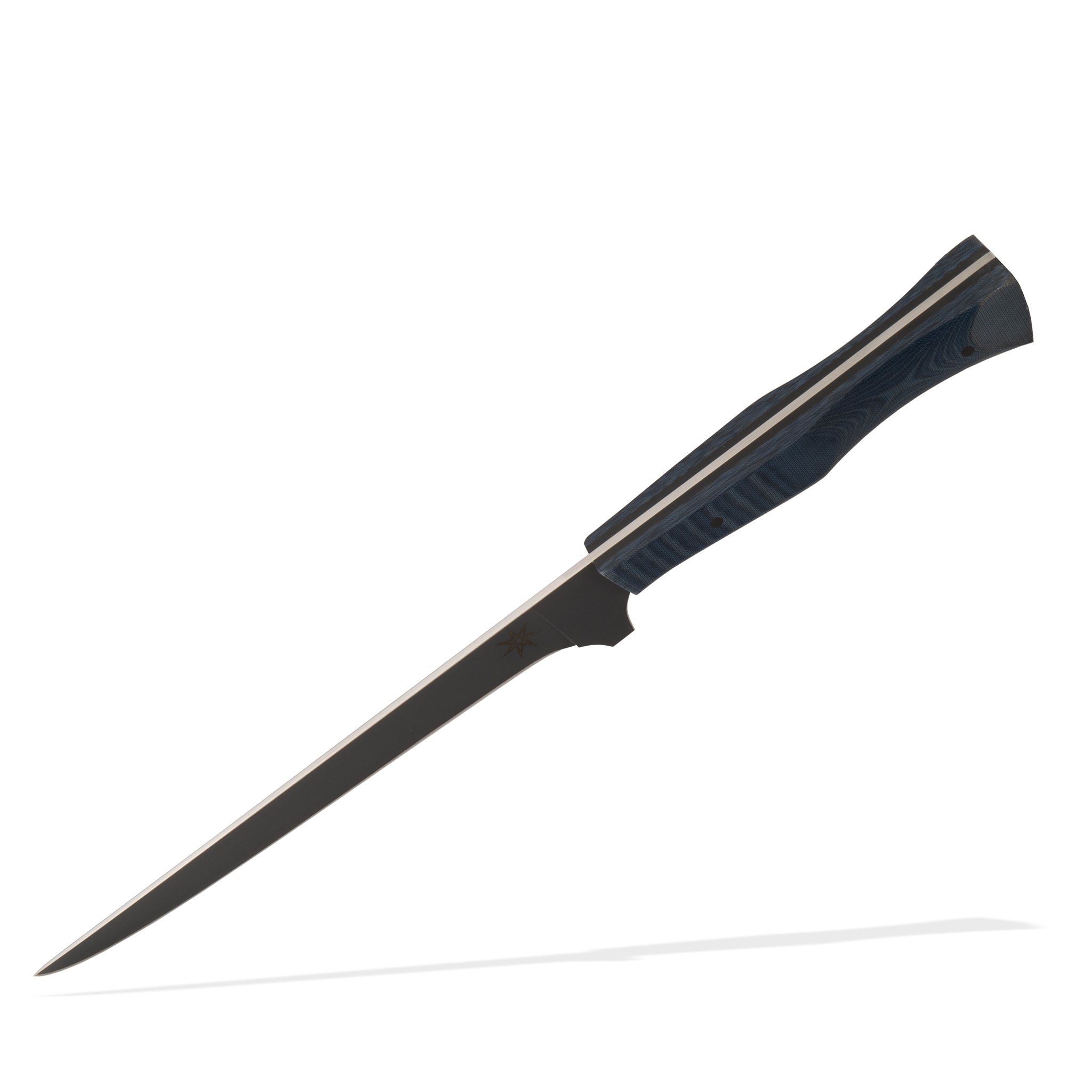 Town Cutler 6" straight boning knife with Cerakote finished blade and blue linen micarta handle. 