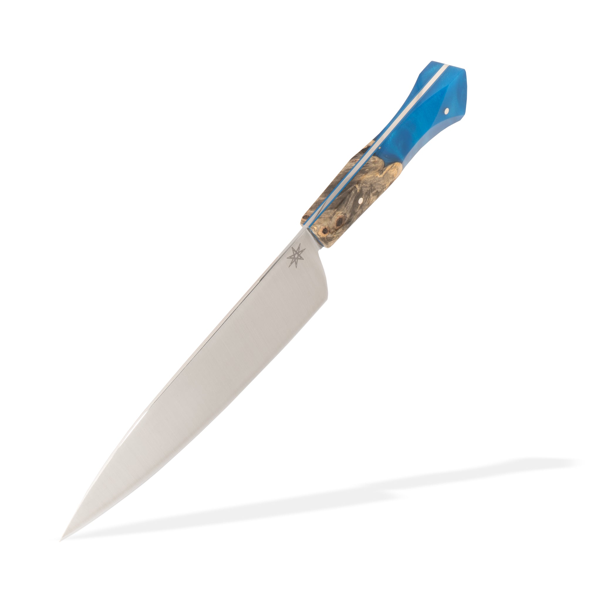 Detail photo of Tahoe Bliss stainless steel chef knife with buckeye burl wood and blue resin handle by Town Cutler.