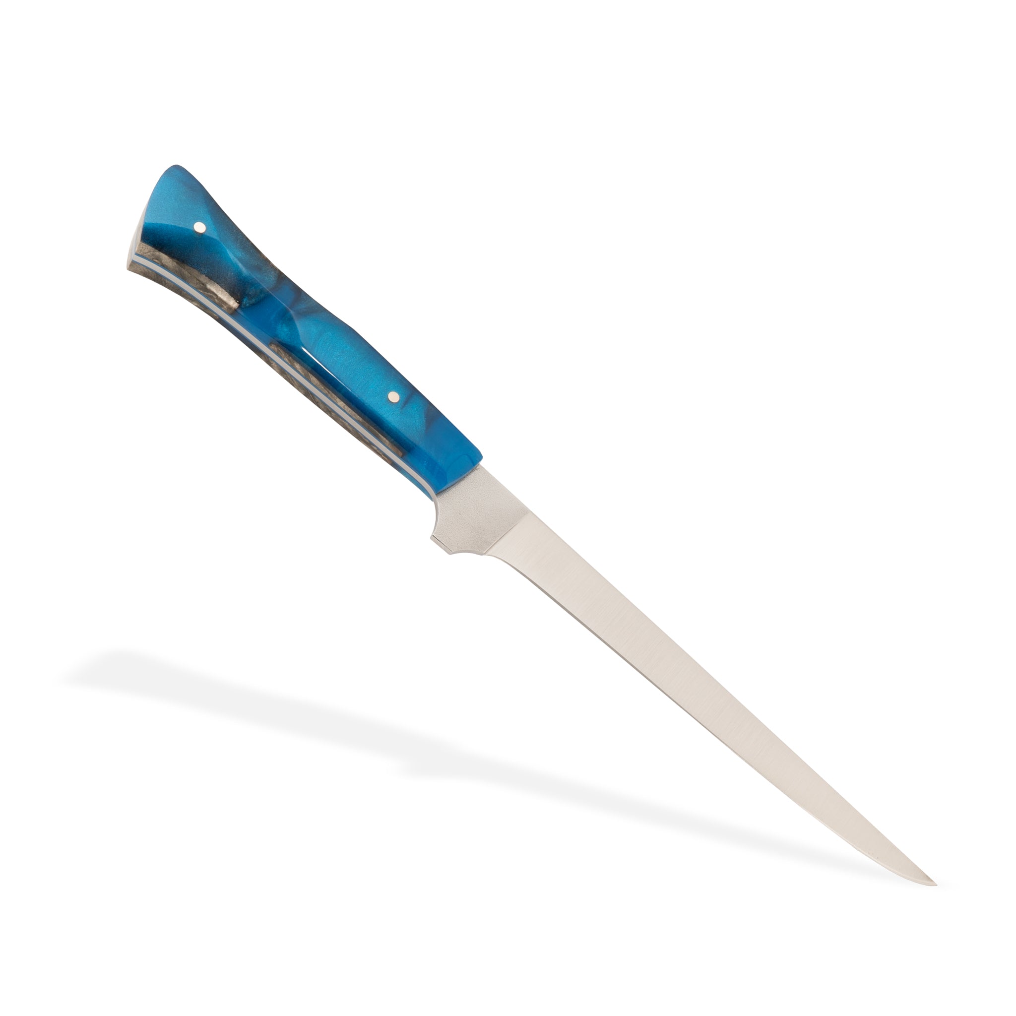 Detail photo of Tahoe Bliss stainless steel straight boning knife with buckeye burl wood and blue resin handle by Town Cutler.