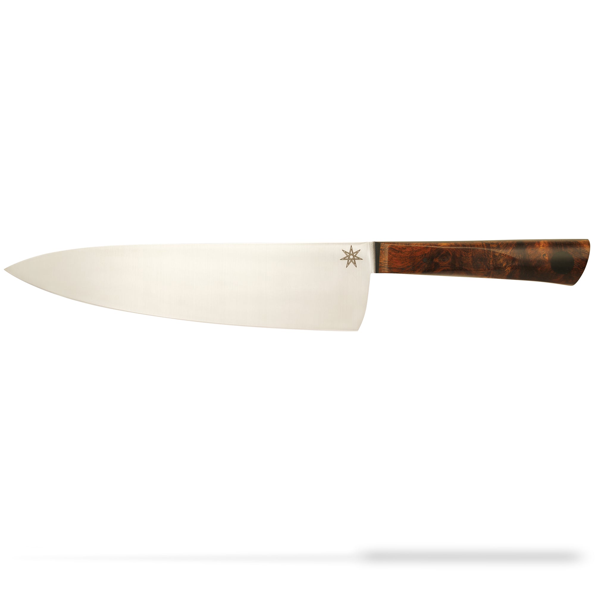 8.5" Chef's knife with a brown wooden ironwood handle on a white background