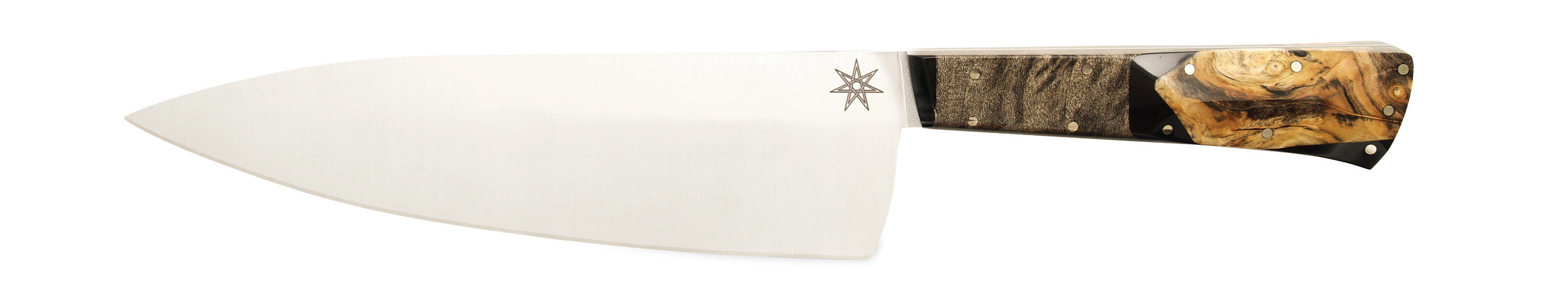 Stainless steel Desert Dawn 7" Chef knife with buckeye burl and black resin handle by Town Cutler.
